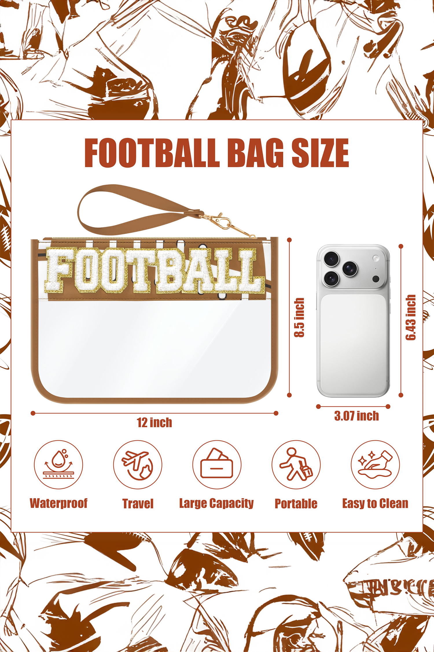 Brown BASEBALL Chenille Letter Patch Game Day Stadium Clear PVC Cosmetic Bag - Image 3
