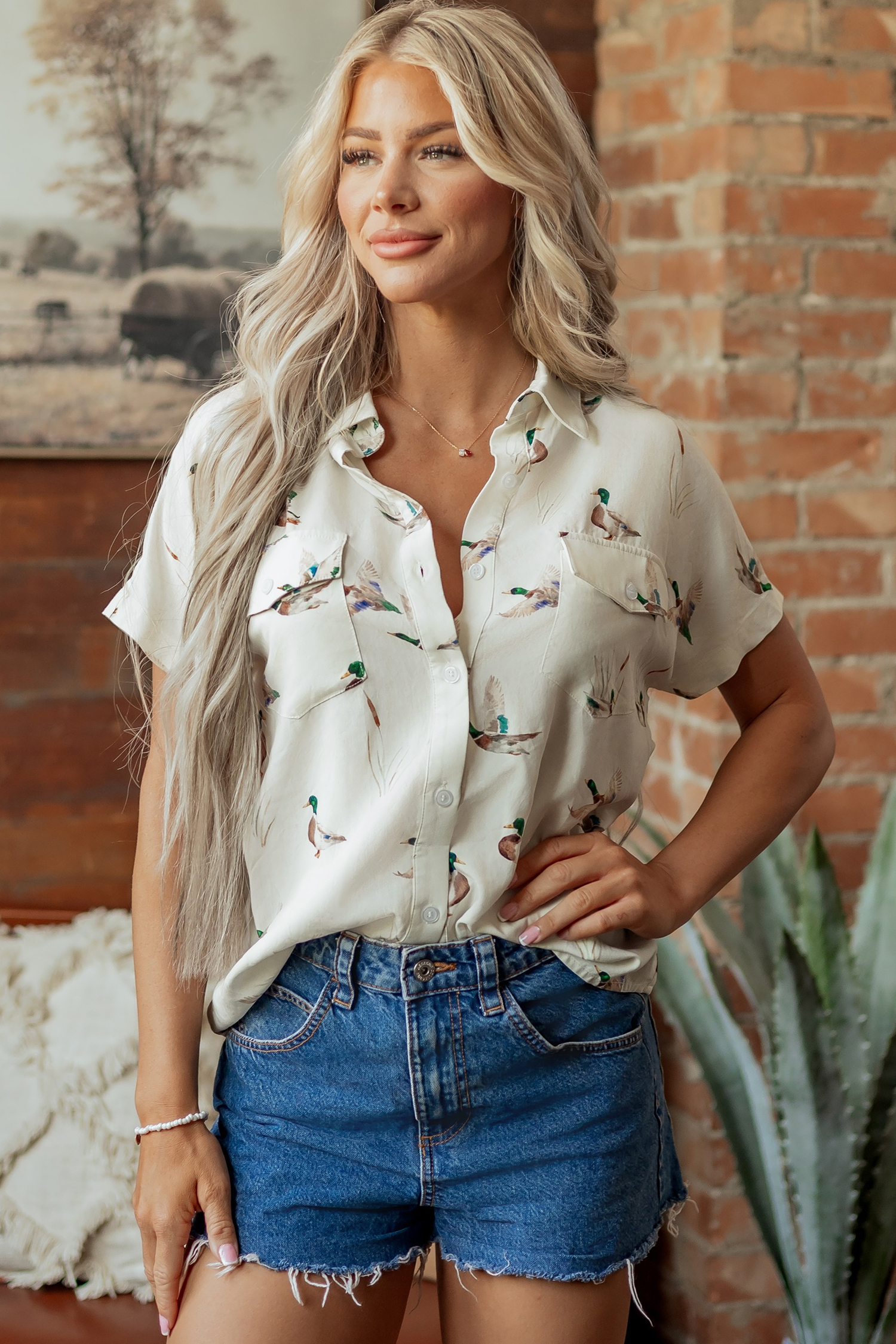 White Mallard Printed Button Flap Pocket Short Sleeve Shirt - Image 4