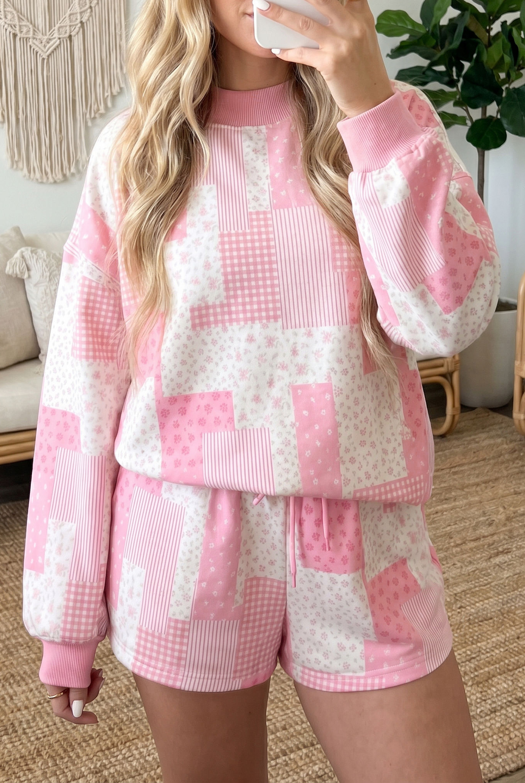 Sky Blue Patchwork Floral Print Drop Shoulder Baggy Pullover Drawstring Shorts Set - Image 4