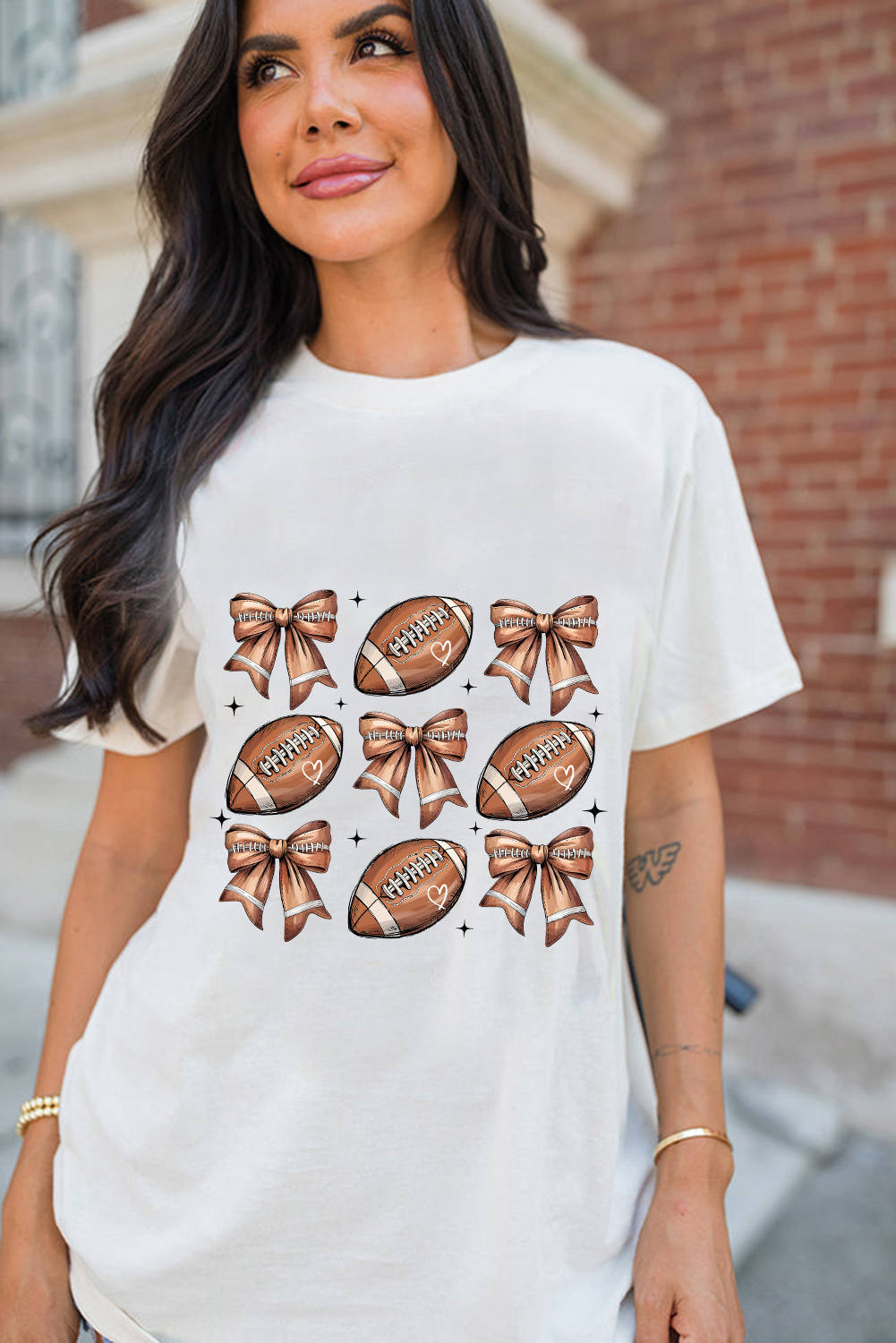 White Football Fashion Bow Print Cotton Blend T Shirt - Imagen 4