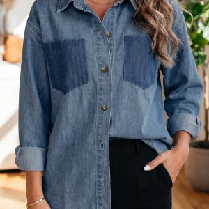 Sky Blue Color Block Pocket Detail Casual Button Down Denim Shirt