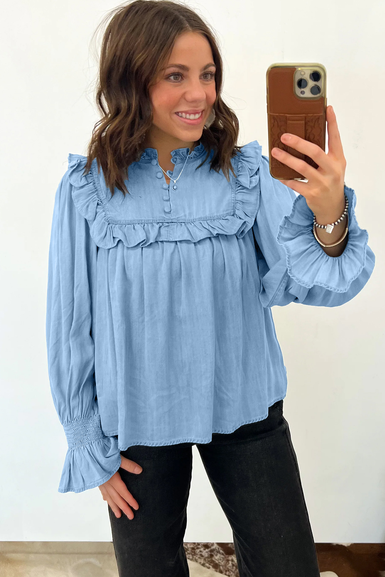 Beau Blue Western Ruffle V Neck Long Sleeve Chambray Blouse - Image 4