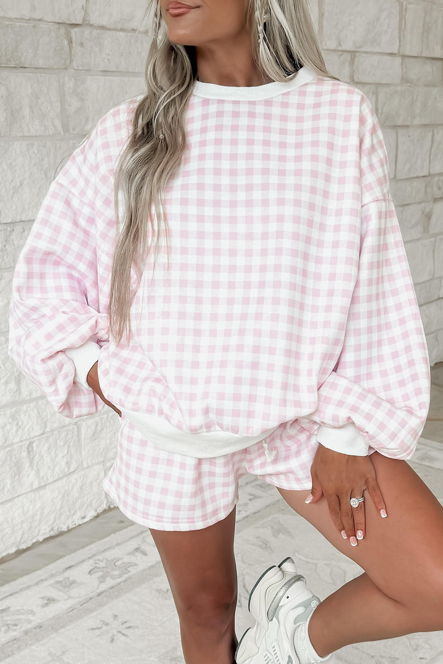 Yellow Plaid Baggy Pullover Drawstring Casual Shorts 2pcs Outfit - Imagen 2