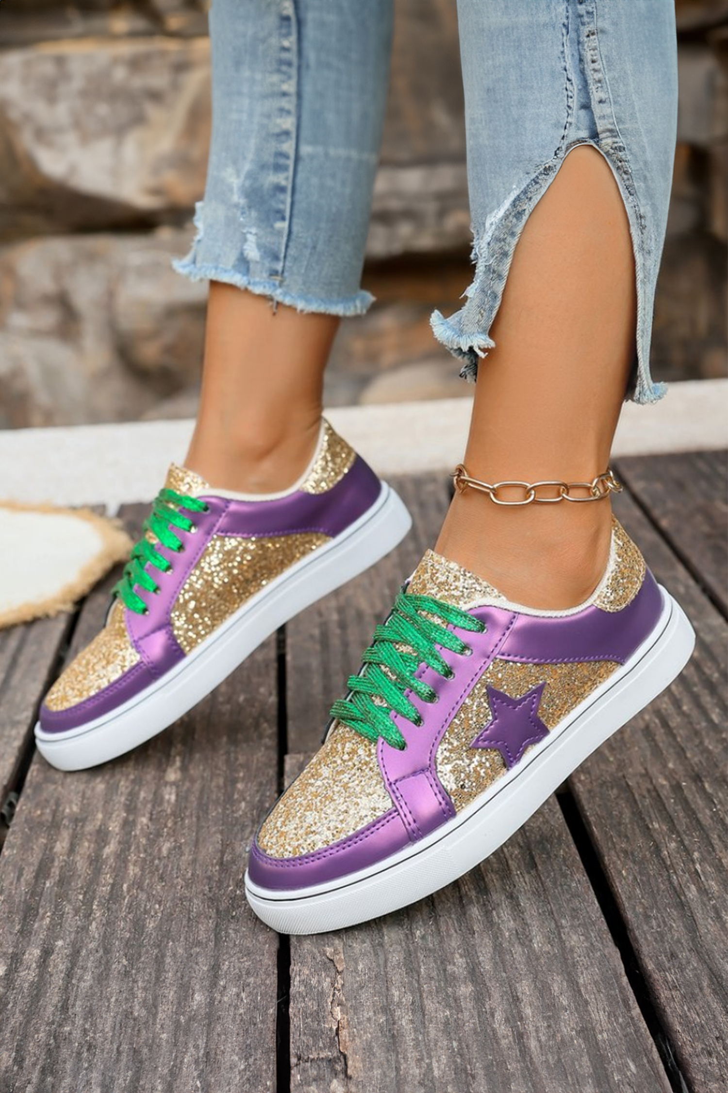 Dearlove Gold Glitter Star Patchwork PU Leather Lace-up Sneakers - Image 7