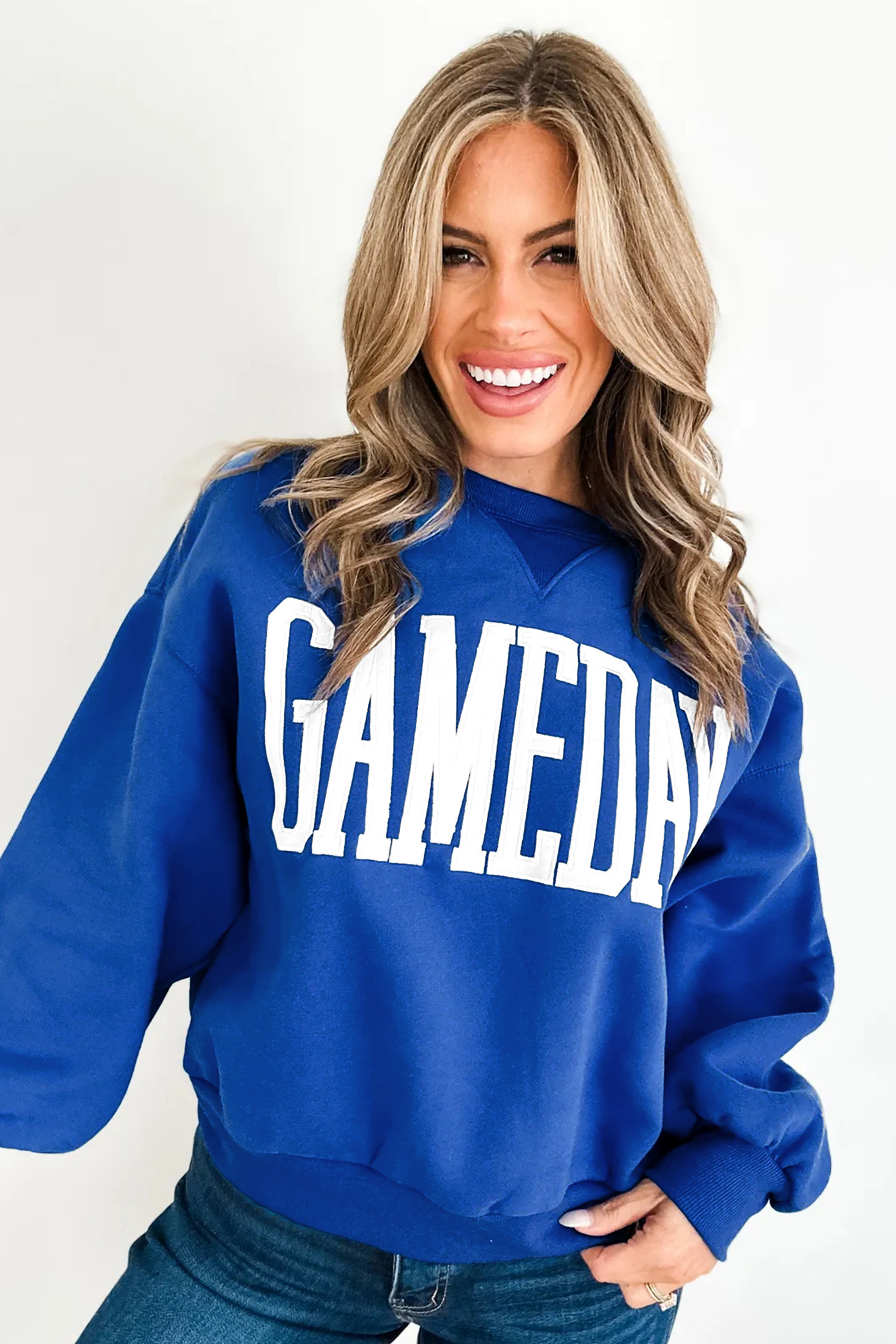 Sky Blue GAMEDAY Embroidered Patch Pattern Casual Shift Sweatshirt - Imagen 3