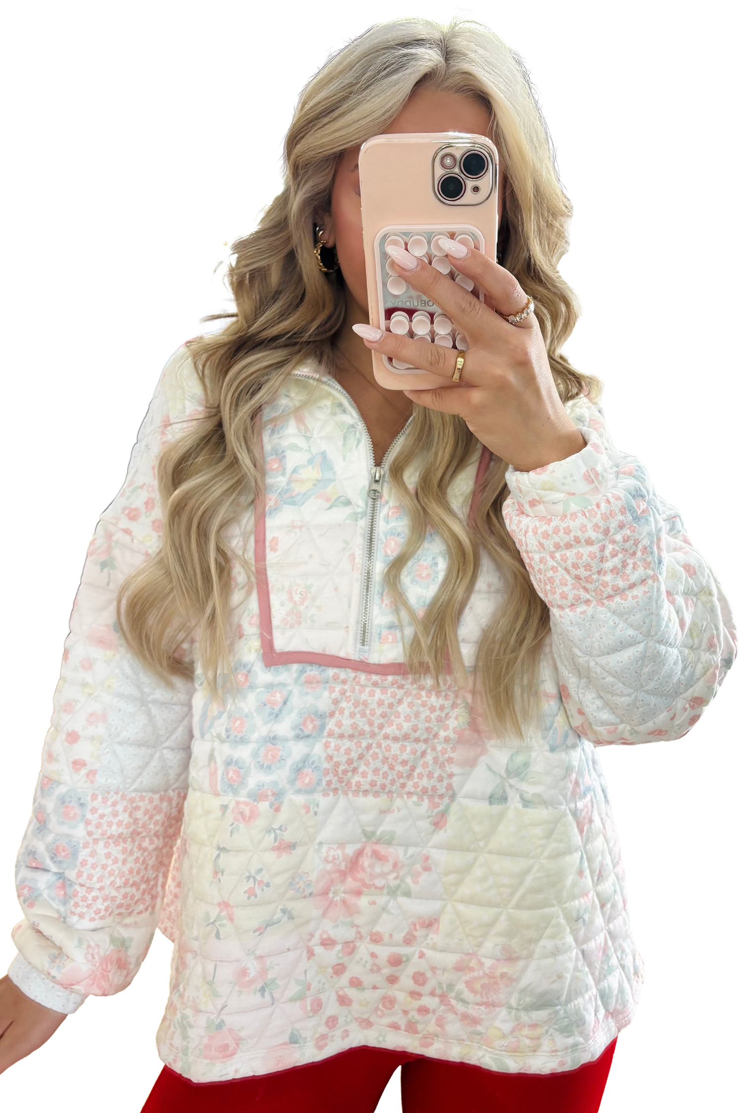 Multicolour Floral Quilted Metal Zipper Collar Long Sleeve Sweatshirt - Image 5