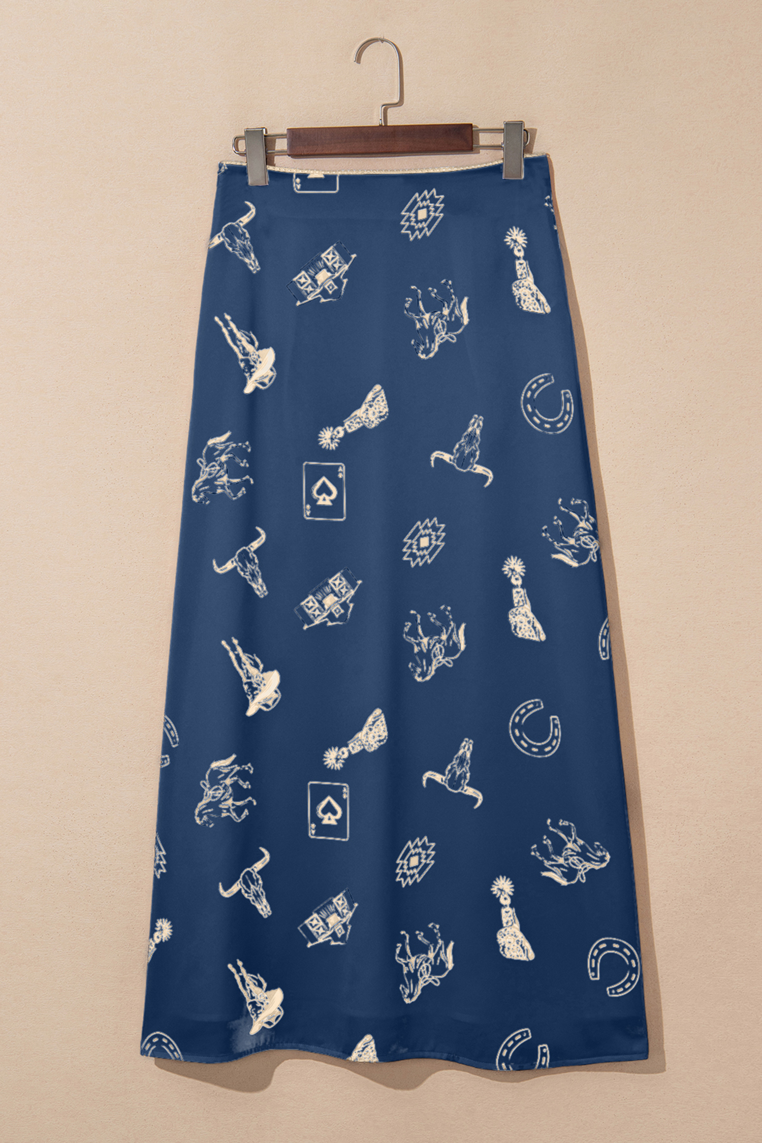 White Western Print Satin Long Skirt - Image 6