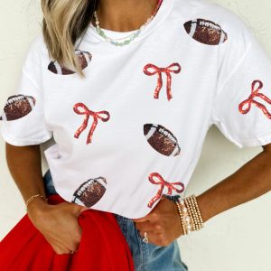 White Sequin Rugby Bow Print Round Neck Casual Shift Tee