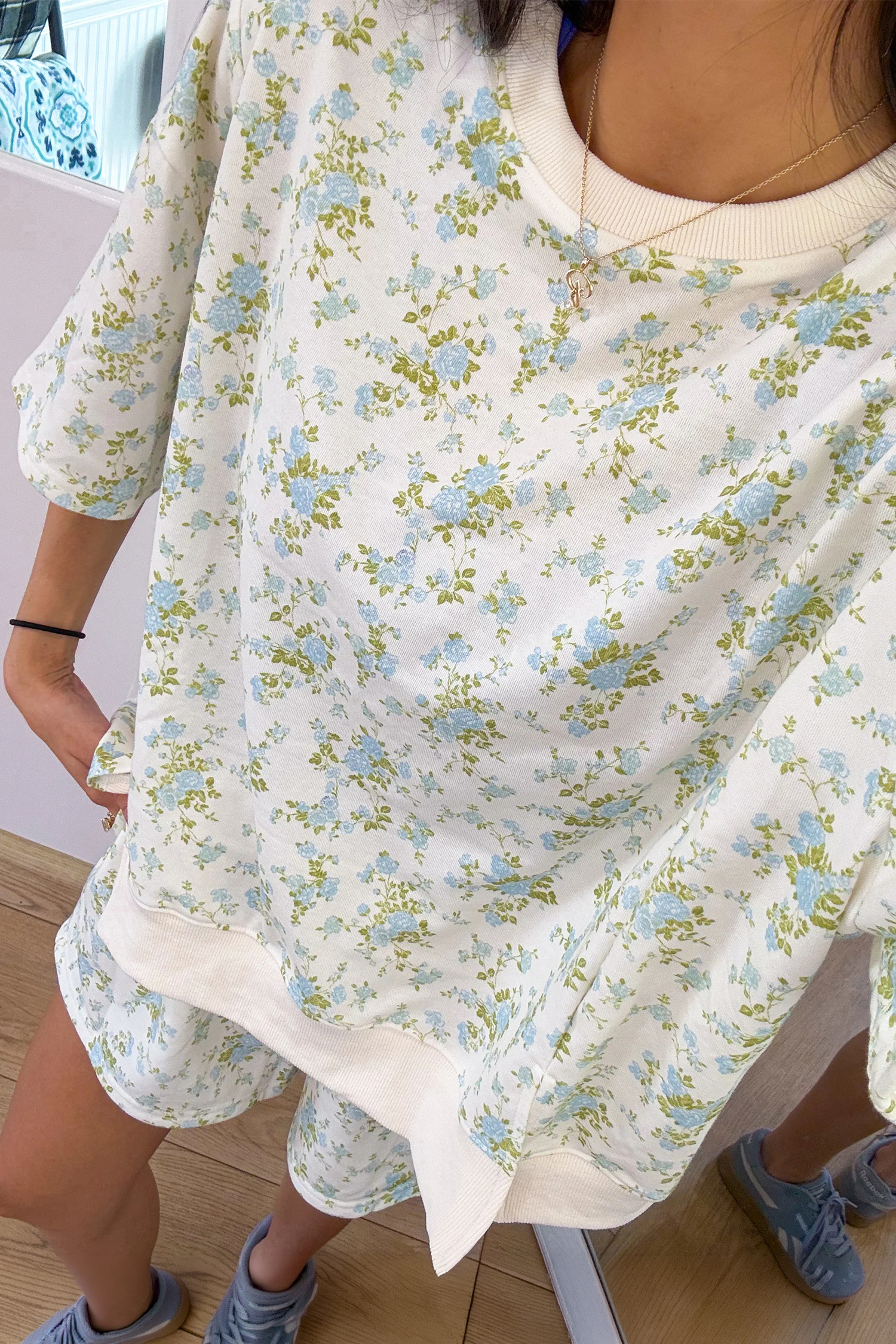 Pink Floral Print Short Sleeve Elastic Waist Pocket Two Piece Set - Imagen 5
