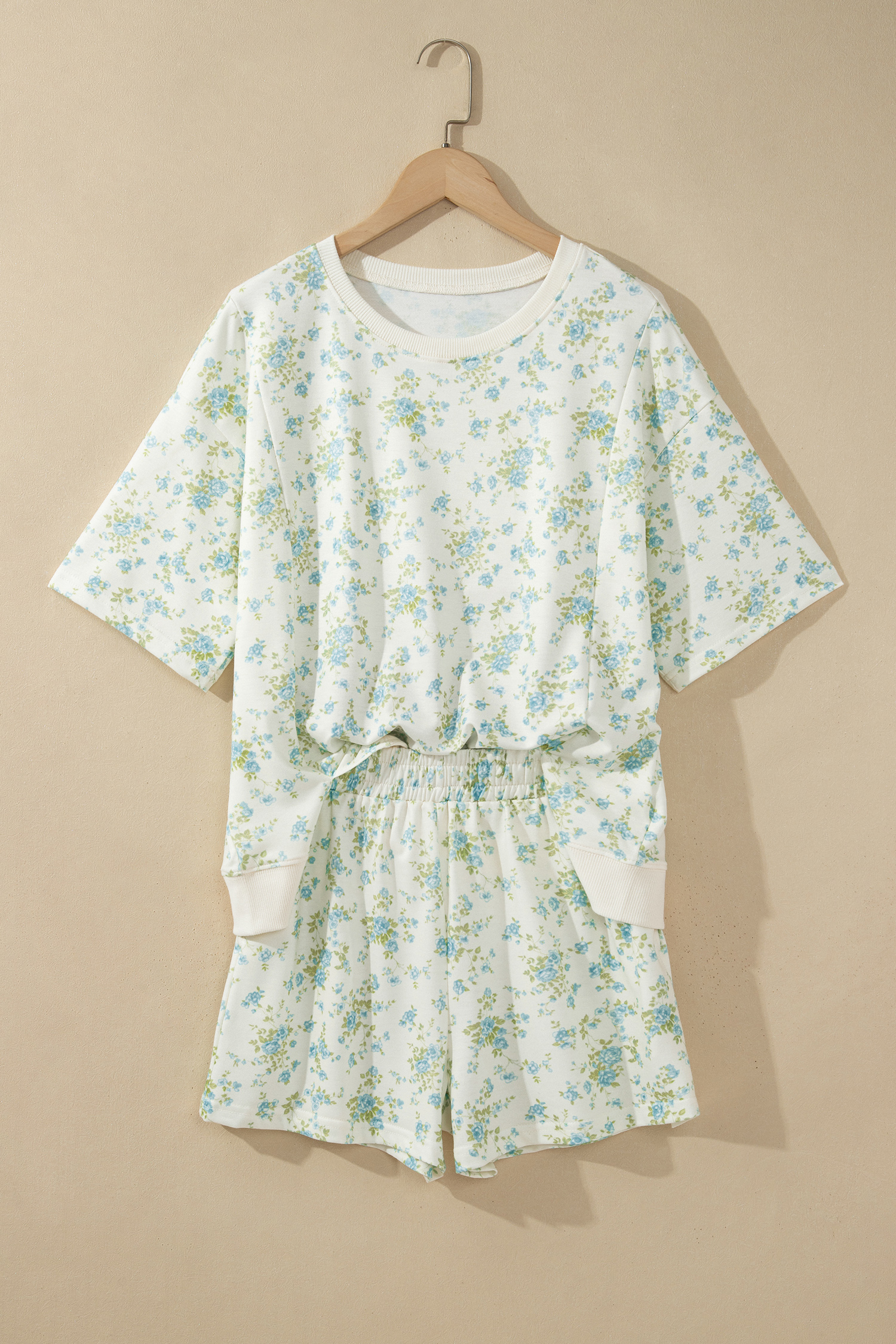 Pink Floral Print Short Sleeve Elastic Waist Pocket Two Piece Set - Imagen 7