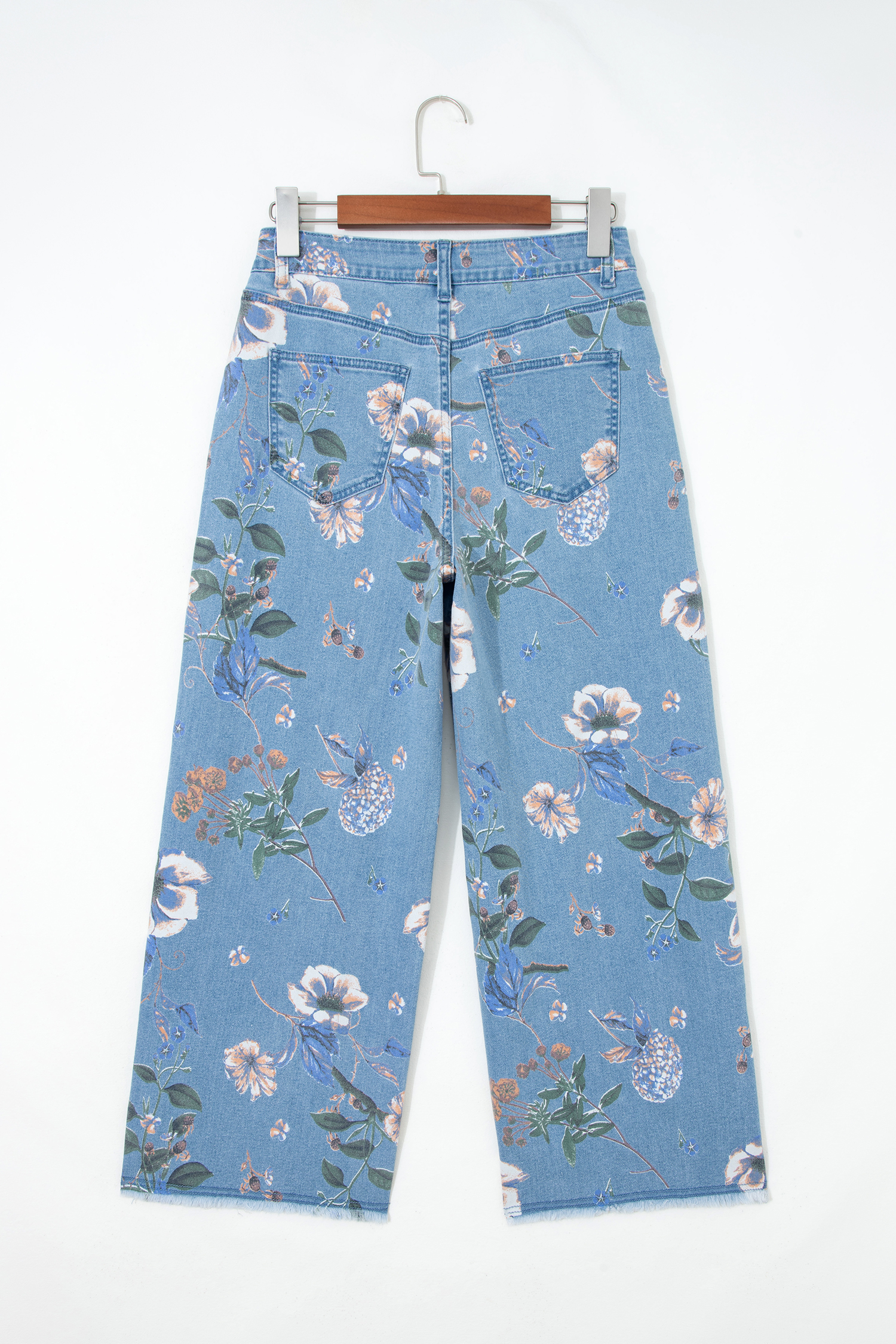 Sky Blue Retro Floral Print Frayed Hem Shift Jeans - Image 5