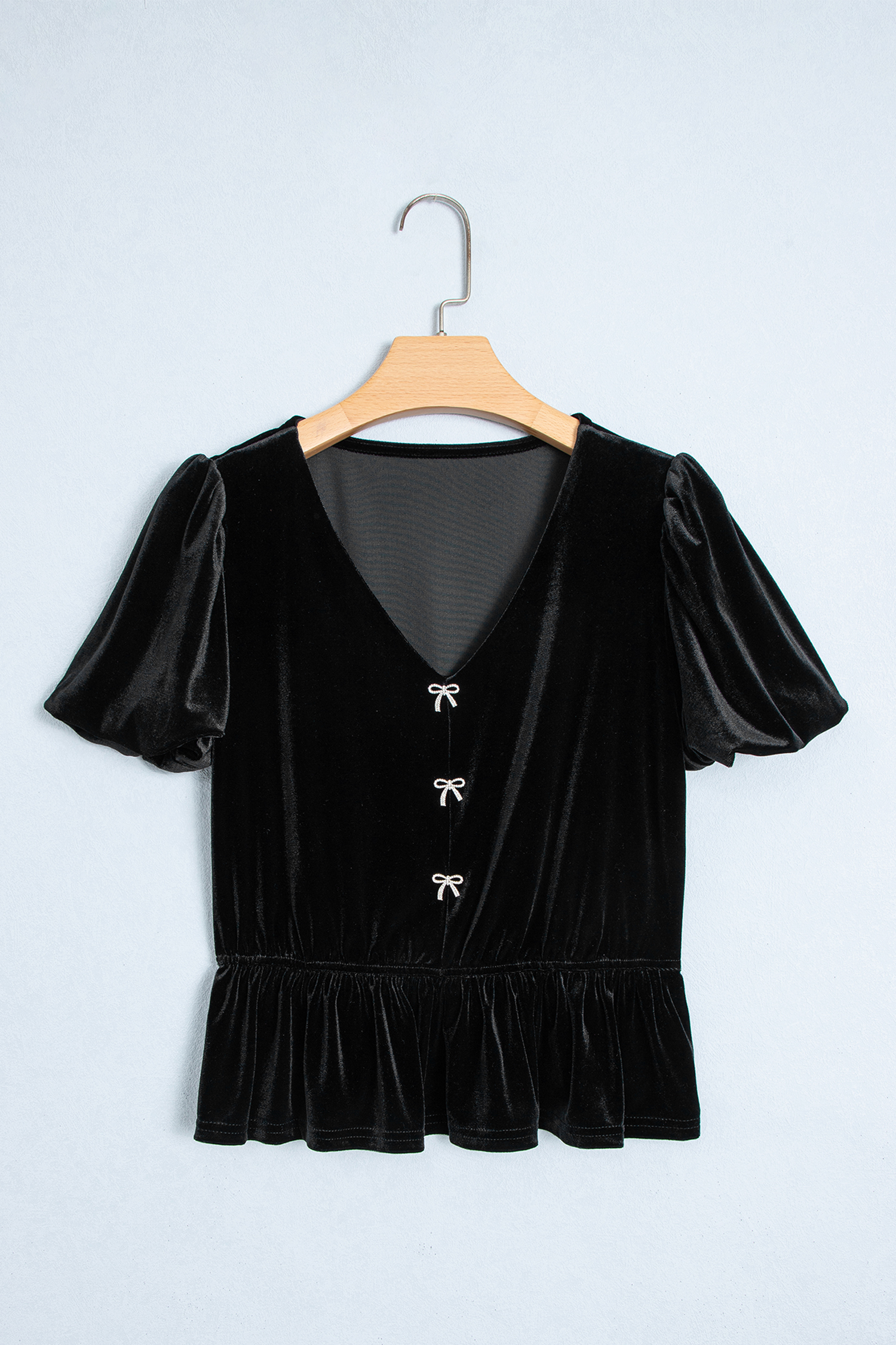 Black V Neck Bow Decoration Peplum Hem Shift Silhouette Short Sleeve Blouse - Image 4