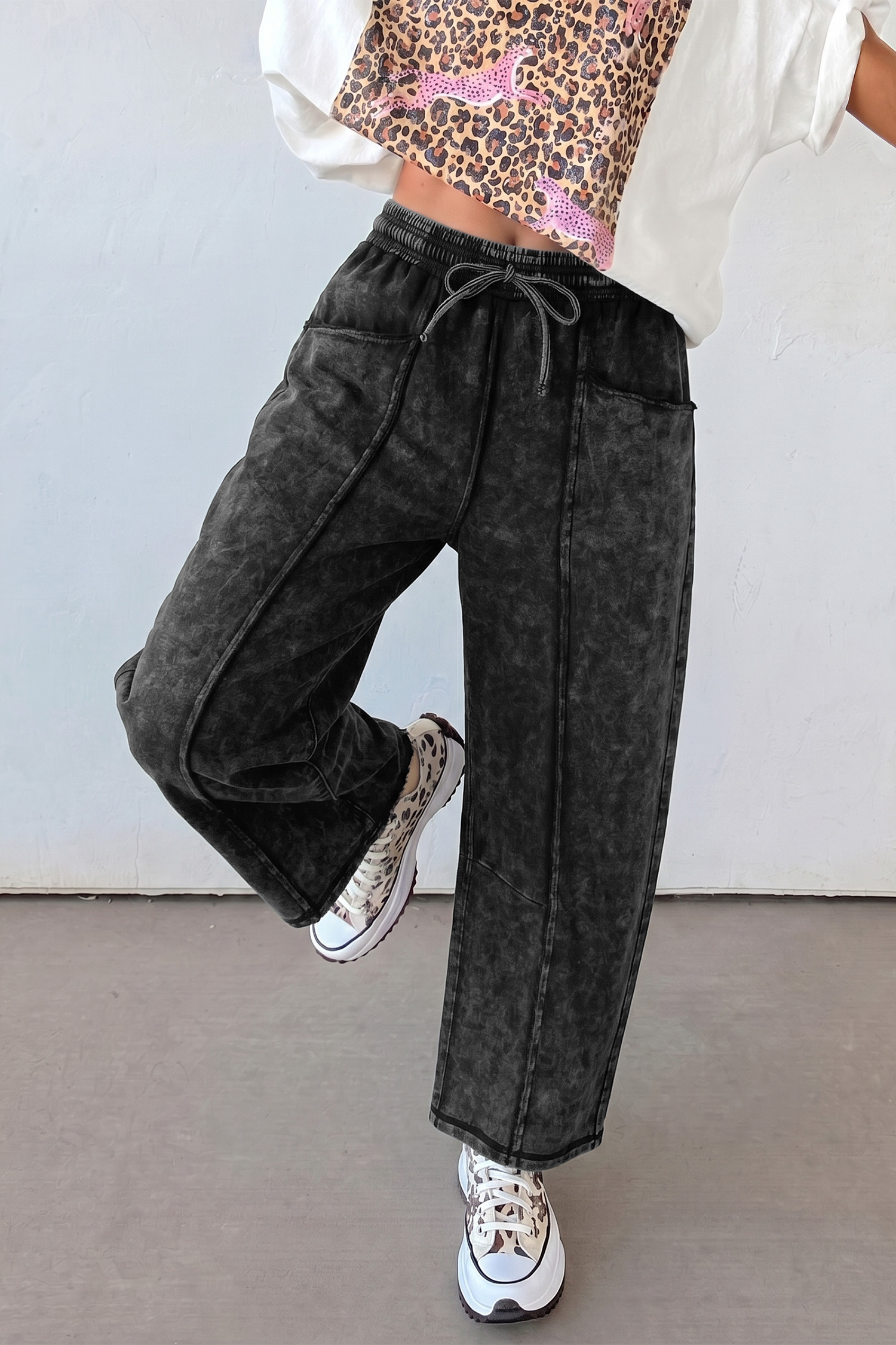 Black Mineral Wash Raw Seam Drawstring Elastic Waist Barrel Pants - Image 3