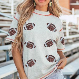 Light Grey Sequin Rugby Football Pattern Contrast Stitched T Shirt