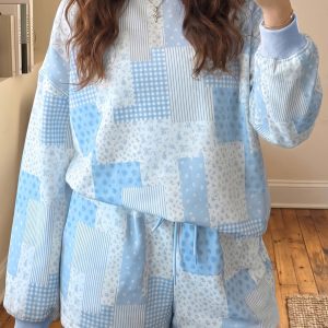 Sky Blue Patchwork Floral Print Drop Shoulder Baggy Pullover Drawstring Shorts Set