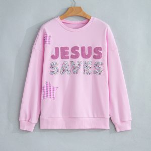 Pink Patchwork Stars Plaid Unique Floral Letters Baggy Sweatshirt