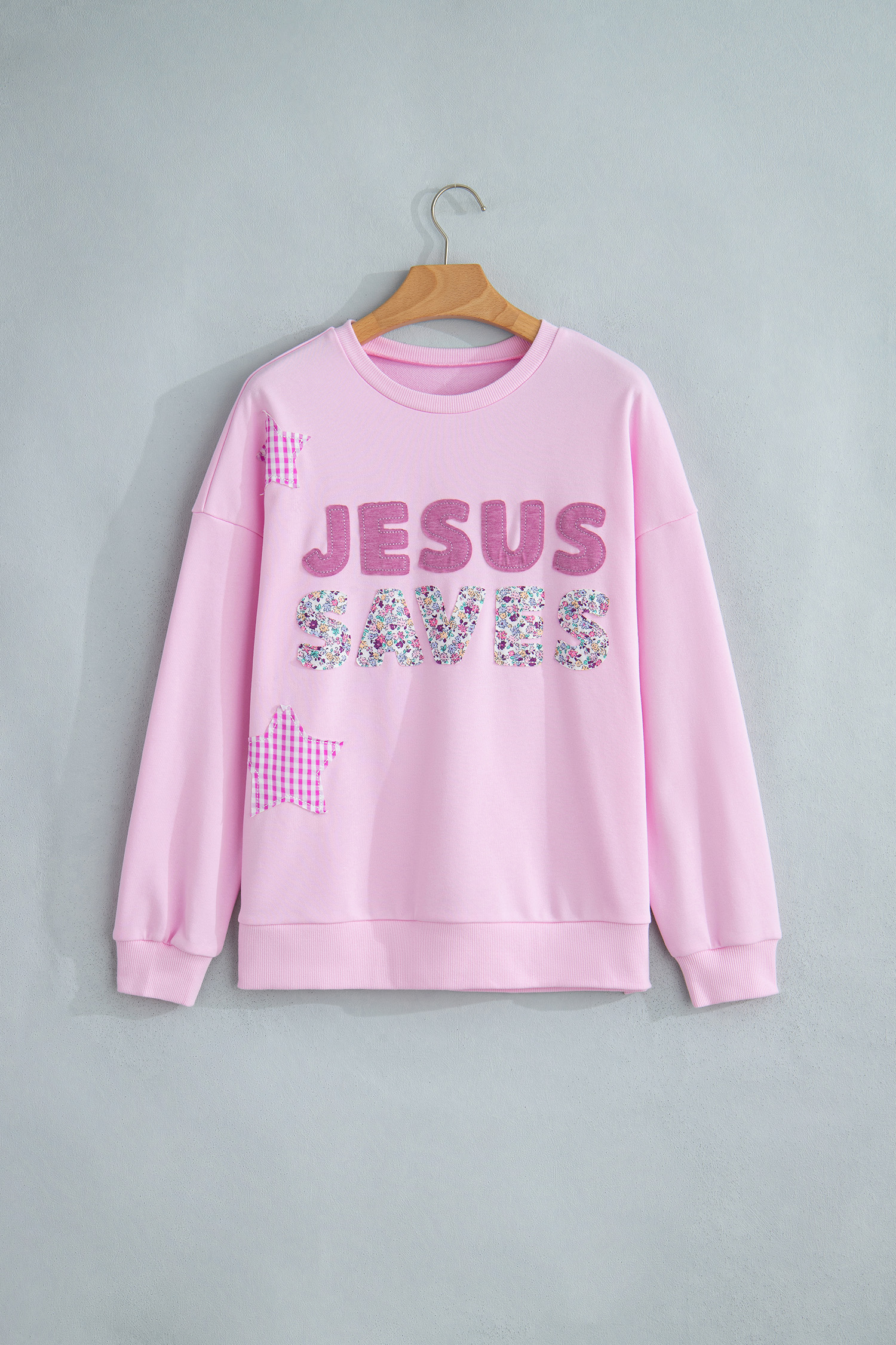 Pink Patchwork Stars Plaid Unique Floral Letters Baggy Sweatshirt - Image 4