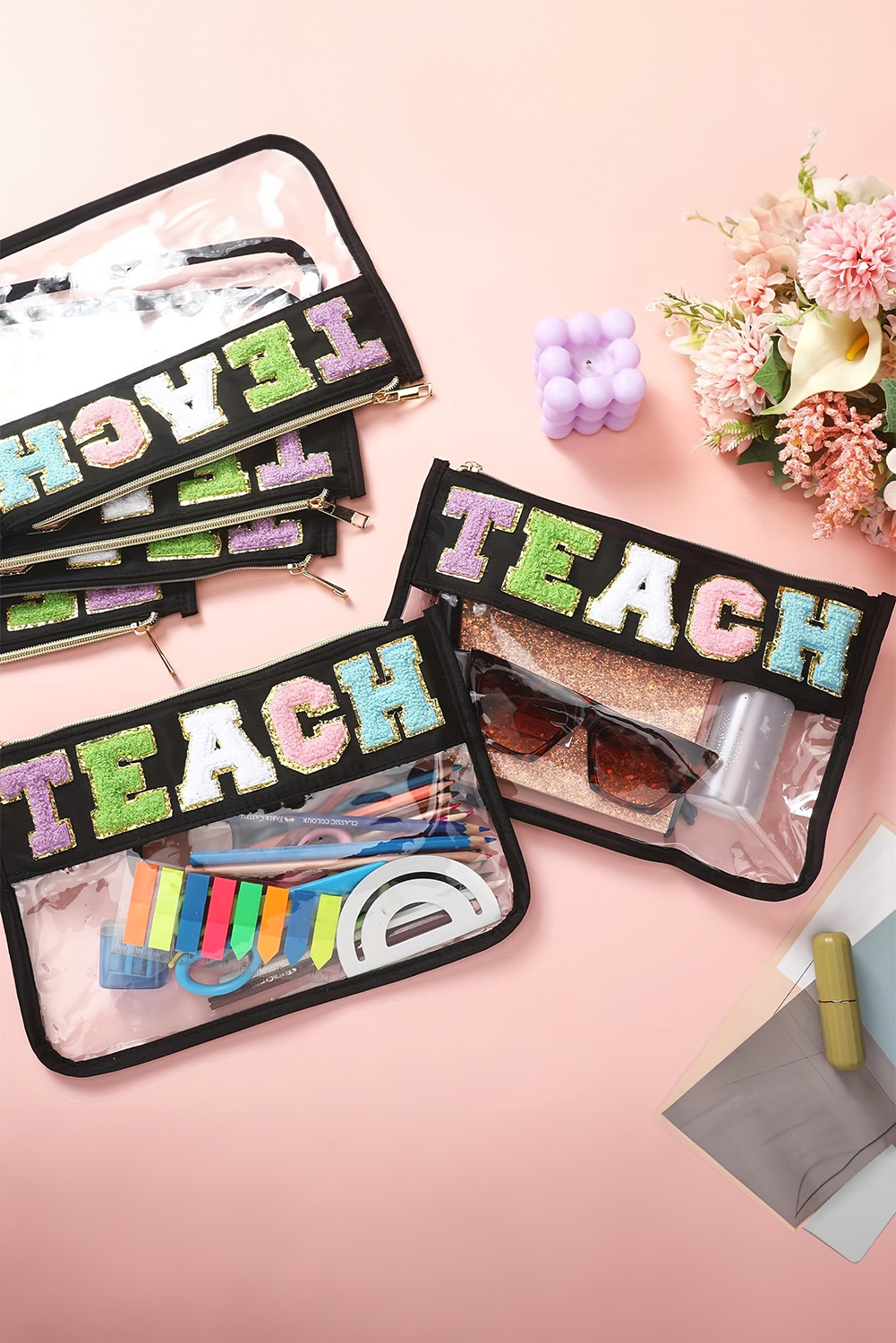 Black TEACH Glitter Chenille Clear PVC Makeup Bag - Image 2