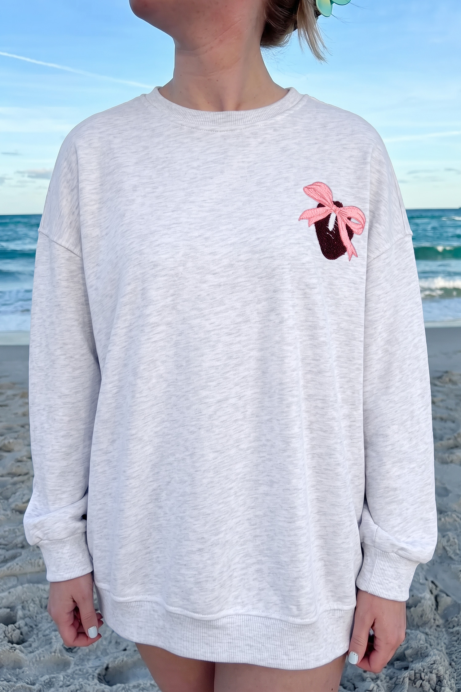 Light Grey Embroidered Football Bow Back Long Sleeve Sweatshirt - Image 2