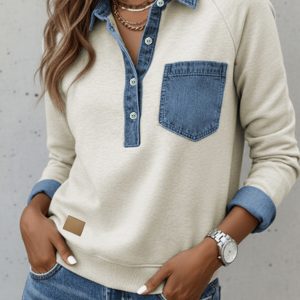 Gray Denim Collar Patchwork Long Sleeve Pullover Top