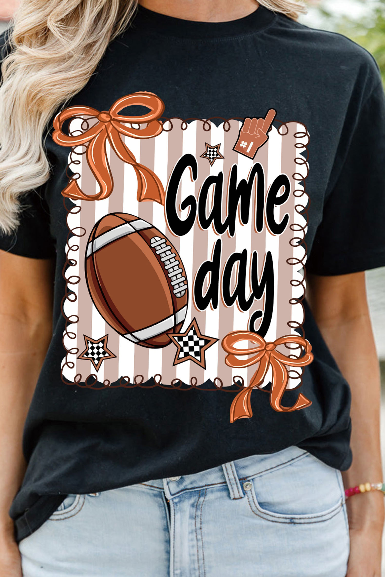Black Casual Game Day Football Striped Tee - Imagen 4