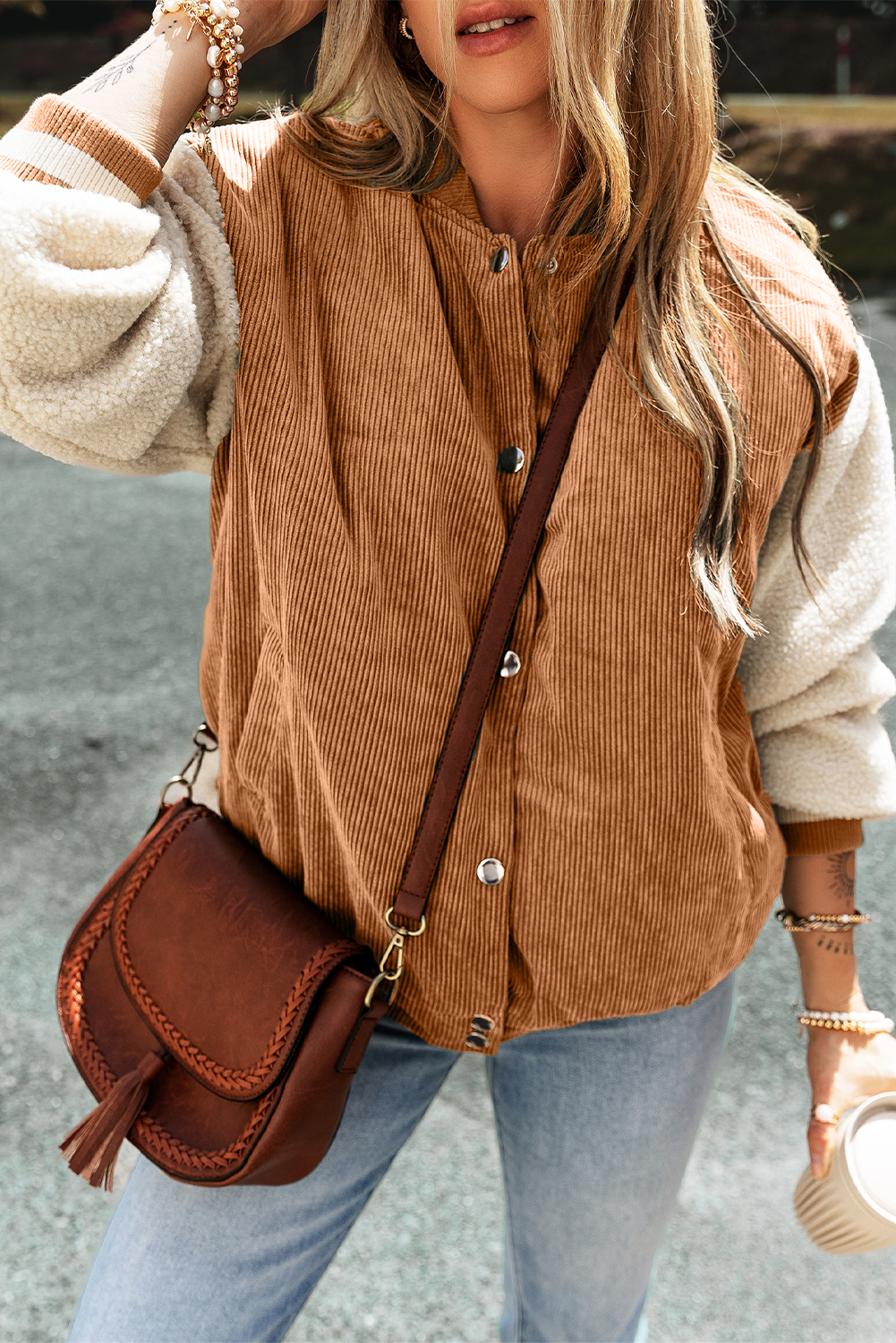 Buckskin Corduroy Fleece Patchwork Buttoned Bomber Jacket - Image 3