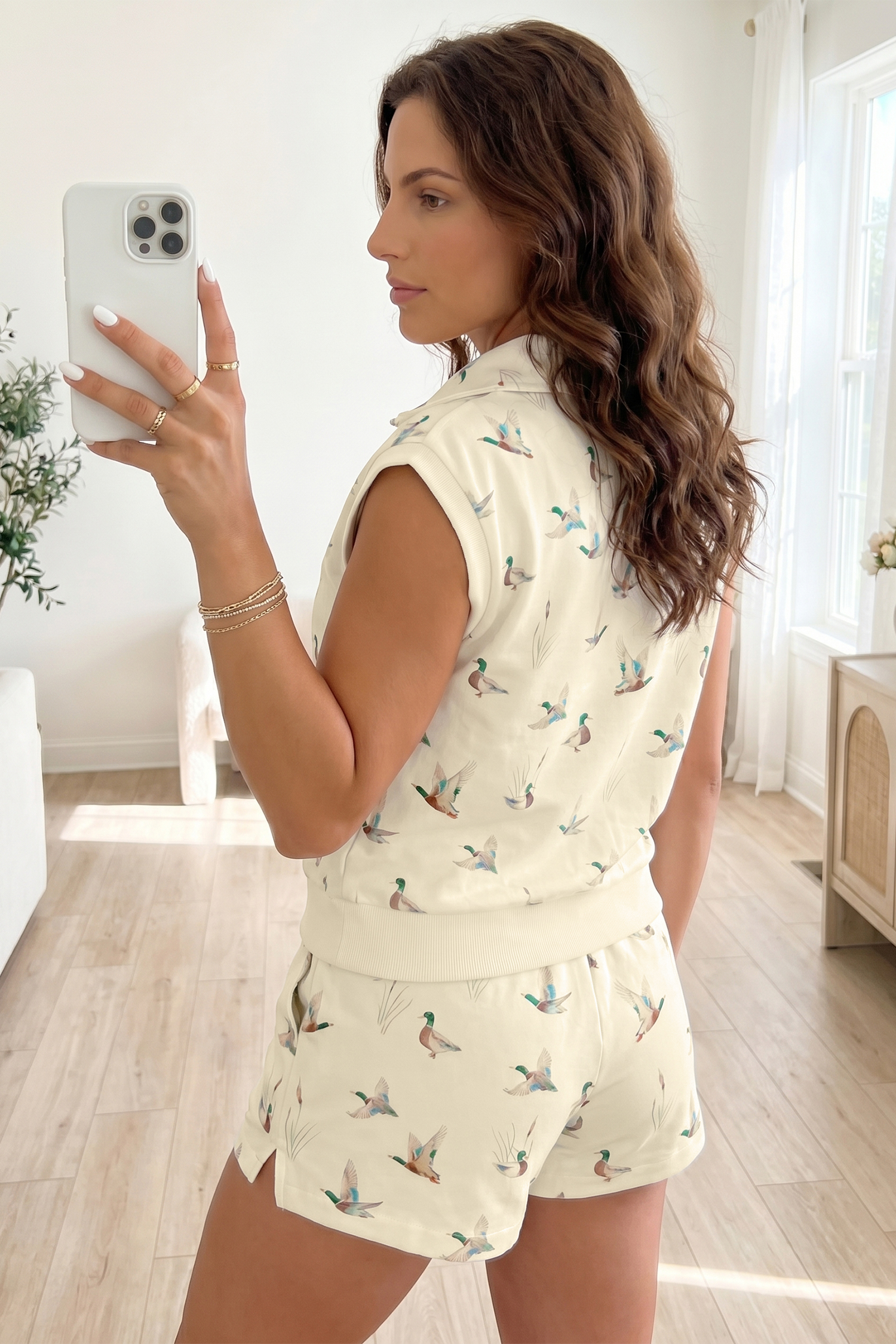Beige Mallard Printed Zip Polo Tee Drawstring Short Set - Imagen 2