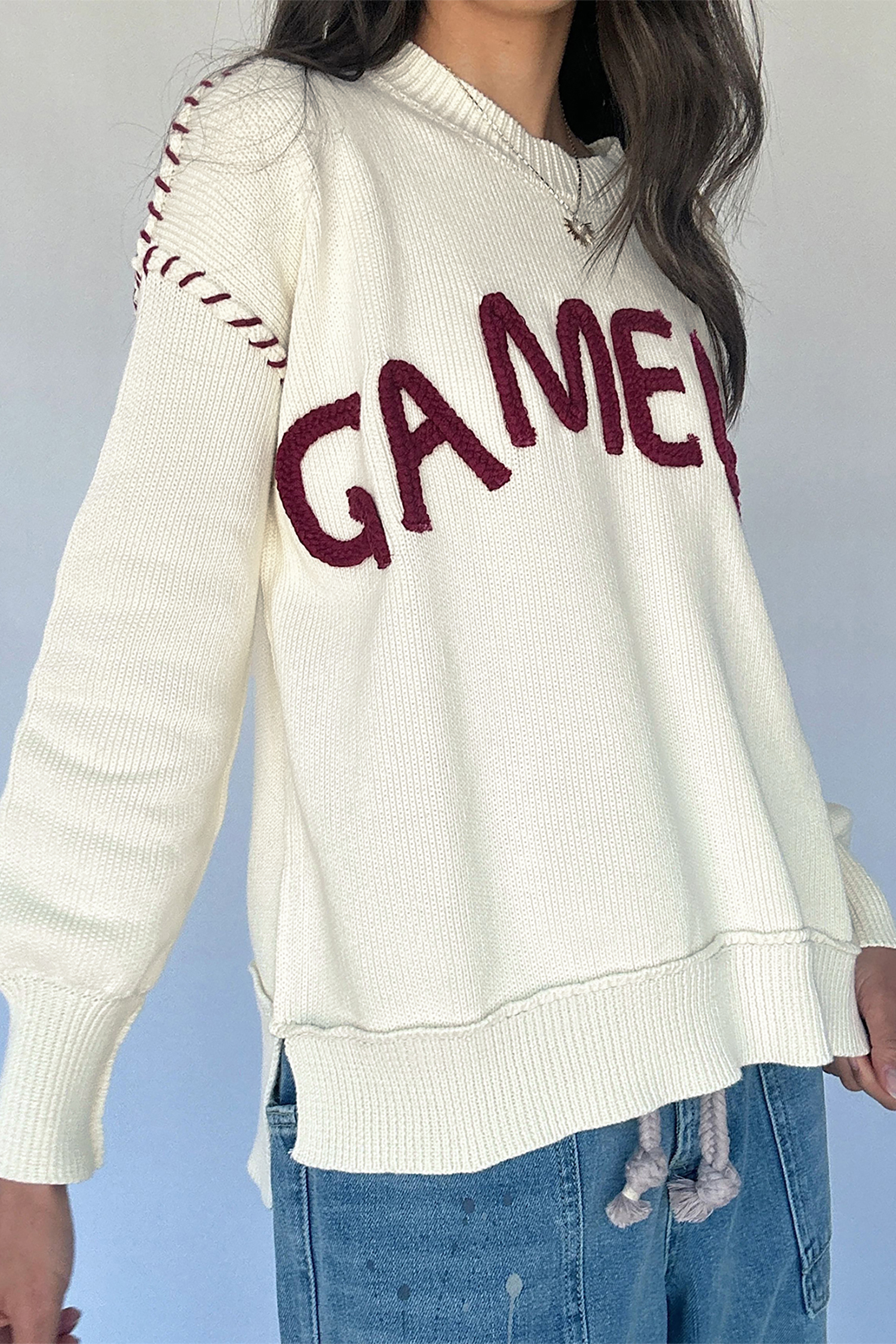 Beige Drop Shoulder Game Day Letter Print Pullover Sweater - Imagen 6