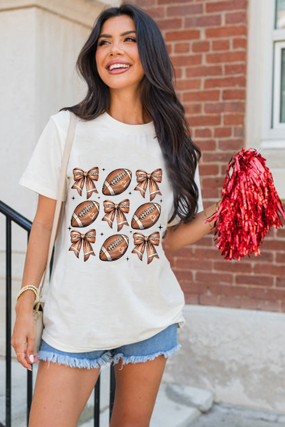 White Football Fashion Bow Print Cotton Blend T Shirt - Imagen 5
