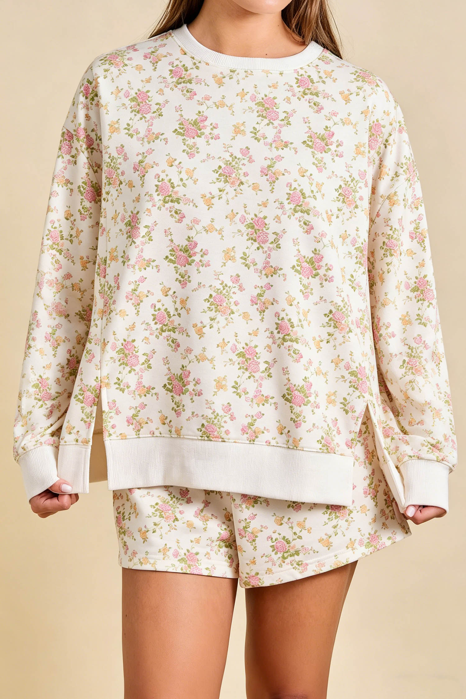 Beige Floral Print Long Sleeve Shift Top Pocketed Shorts 2pcs Set - Imagen 2