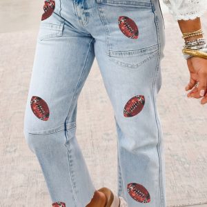 Beau Blue Sequin Rugby Pattern Raw Hem Casual Jeans