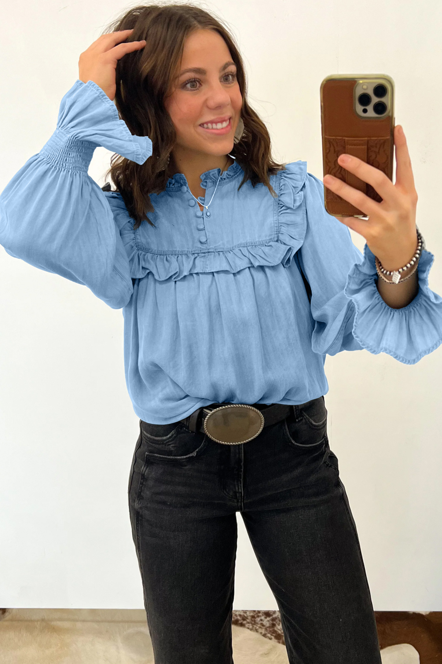 Beau Blue Western Ruffle V Neck Long Sleeve Chambray Blouse - Image 5