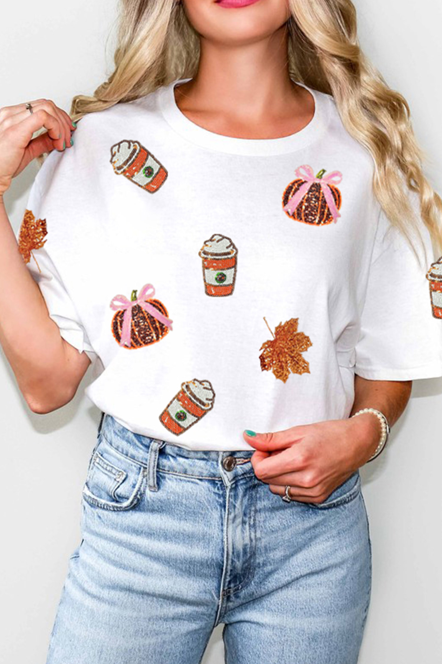 White Sequined Pumpkin Fall Graphic Casual Shift T Shirt - Image 3