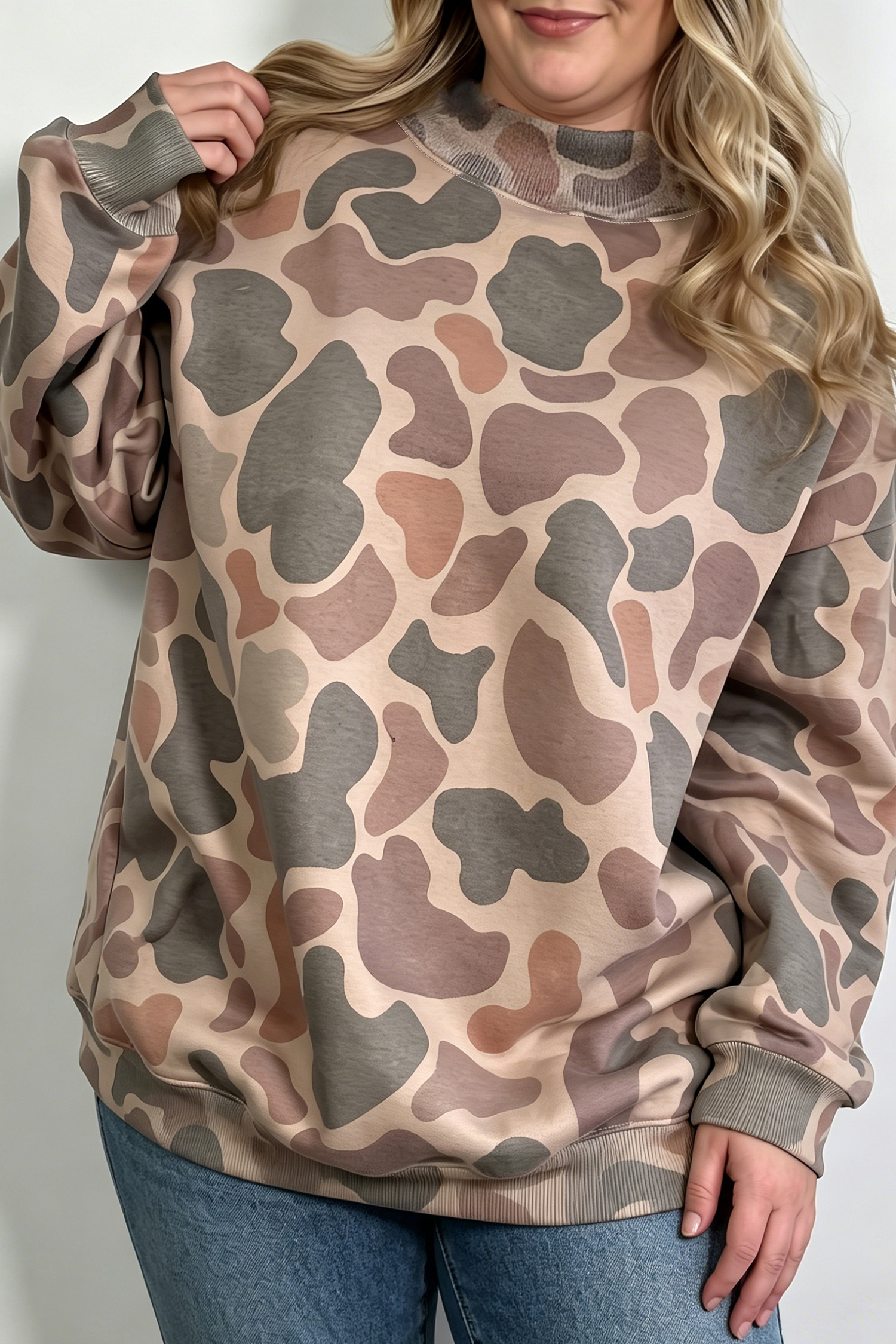 Multicolour Camo Print Ribbed Mock Neck Plus Size Sweatshirt - Imagen 3