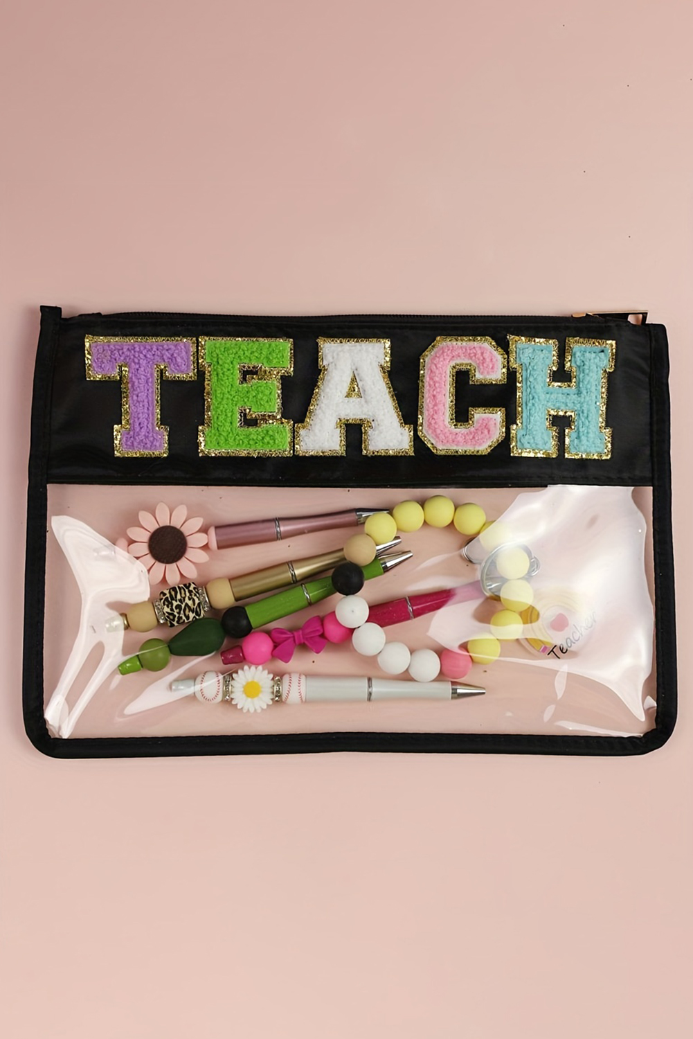 Black TEACH Glitter Chenille Clear PVC Makeup Bag - Image 4