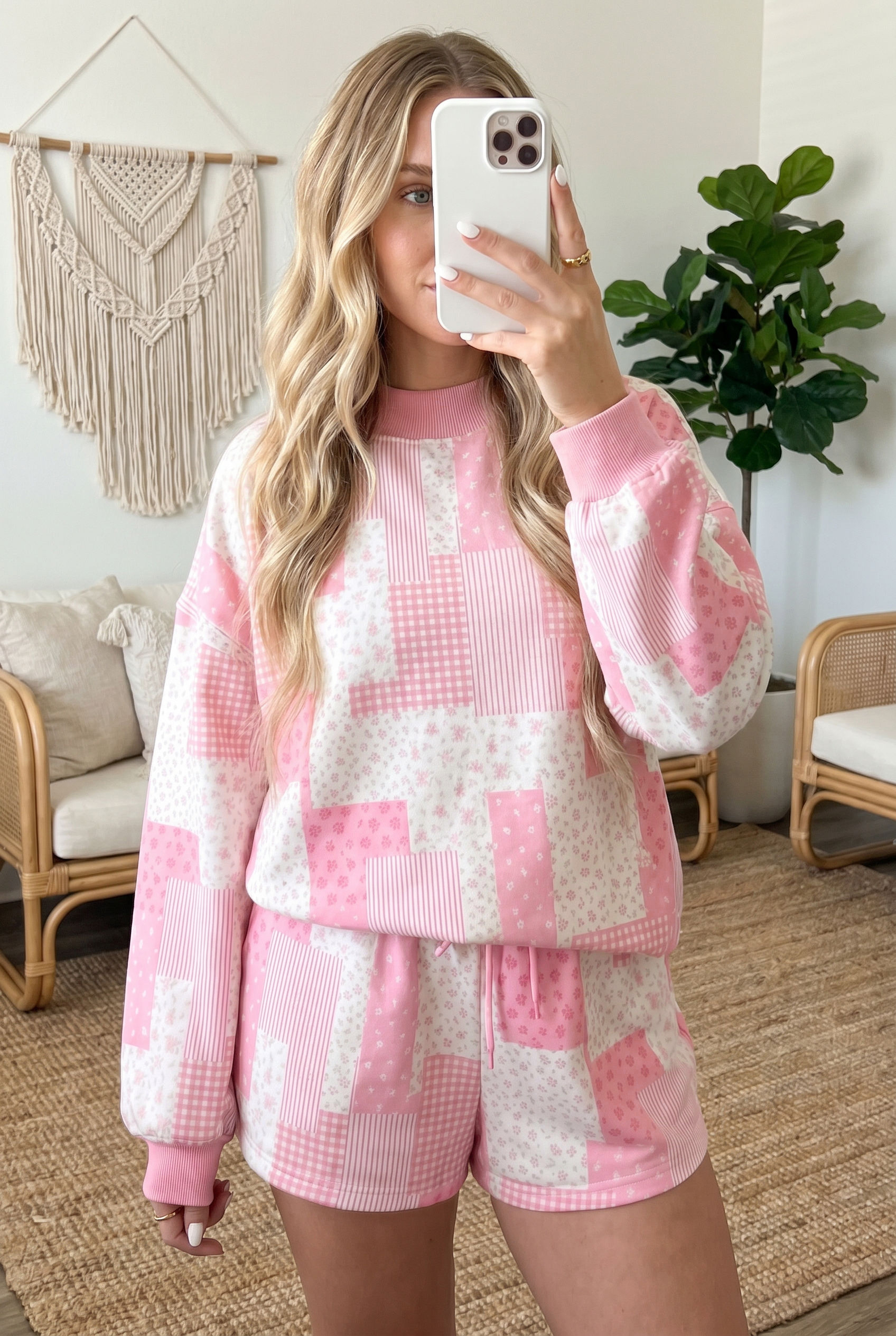 Sky Blue Patchwork Floral Print Drop Shoulder Baggy Pullover Drawstring Shorts Set - Image 6