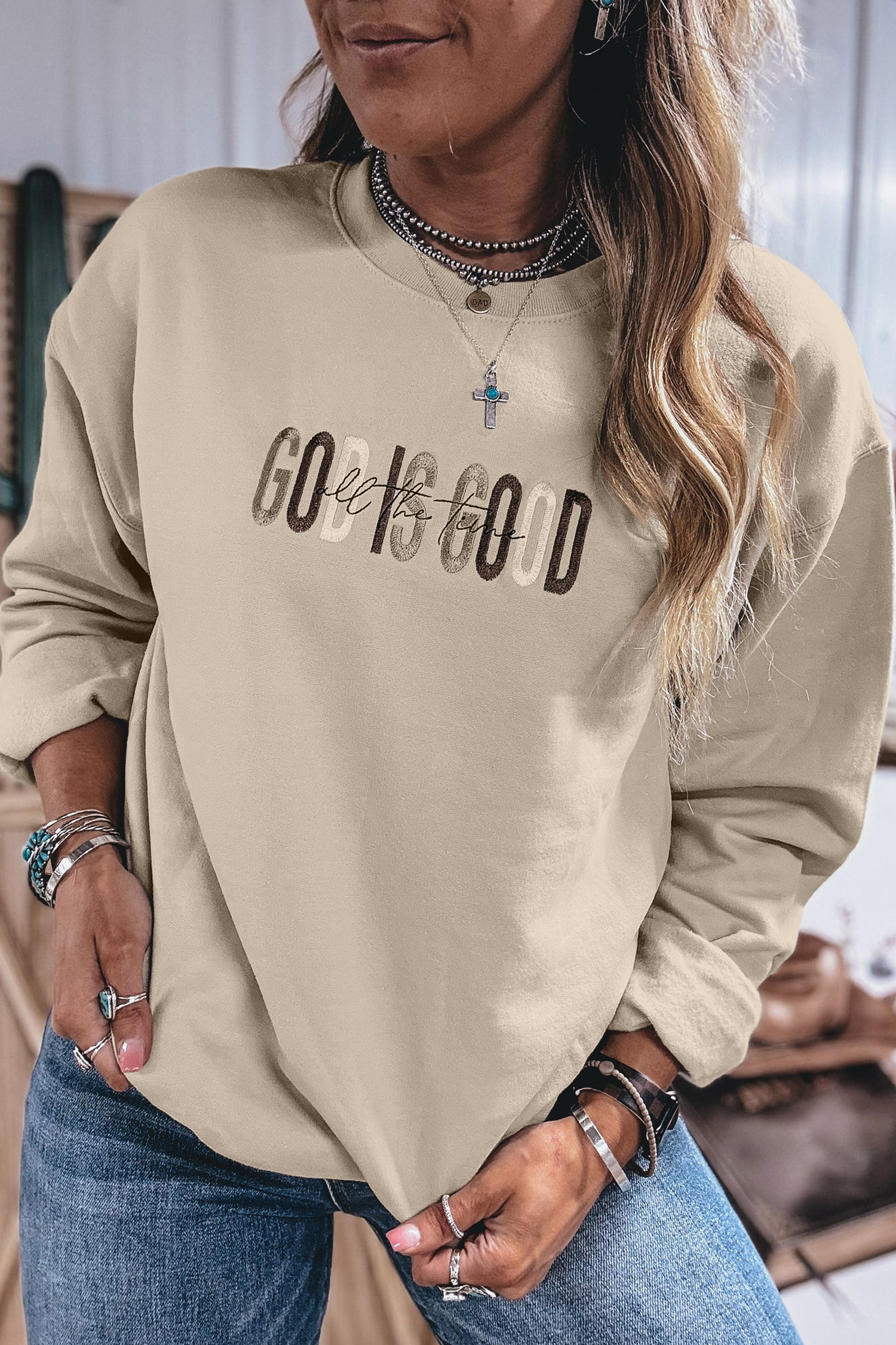 Jet Stream GOD IS GOOD Western Embroidered Letter Crewneck Pullover Sweatshirt - Image 6