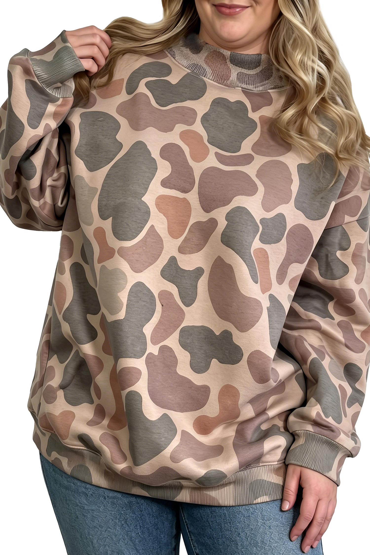 Multicolour Camo Print Ribbed Mock Neck Plus Size Sweatshirt - Imagen 11