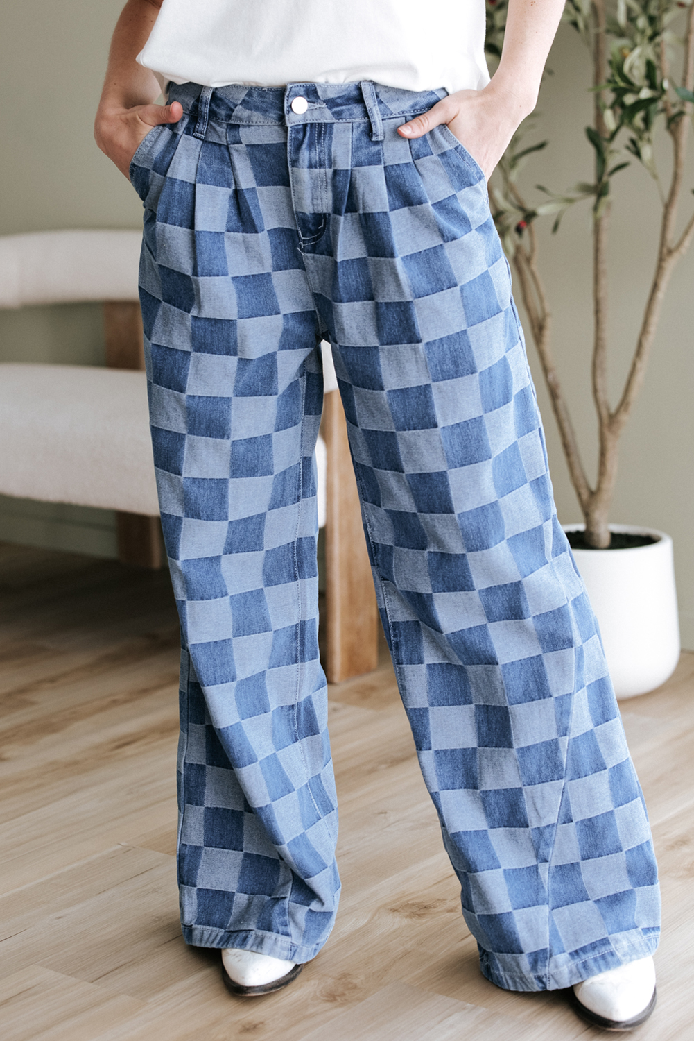 Dusk Blue Checkered Denim Wide Leg Jeans - Image 2
