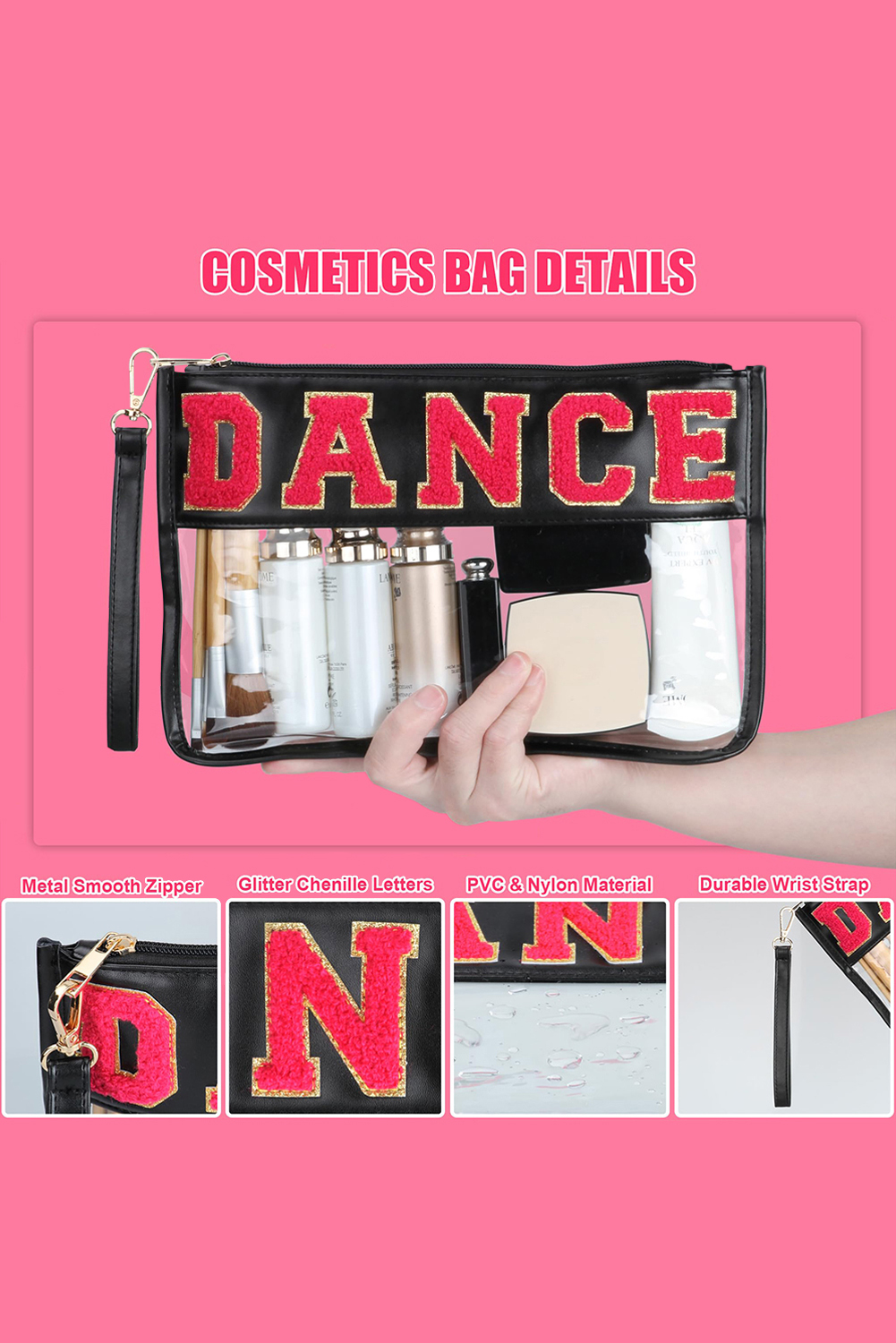 Black DANCE Chenille Letter PU Leather Patchwork Clear Makeup Bag - Image 3