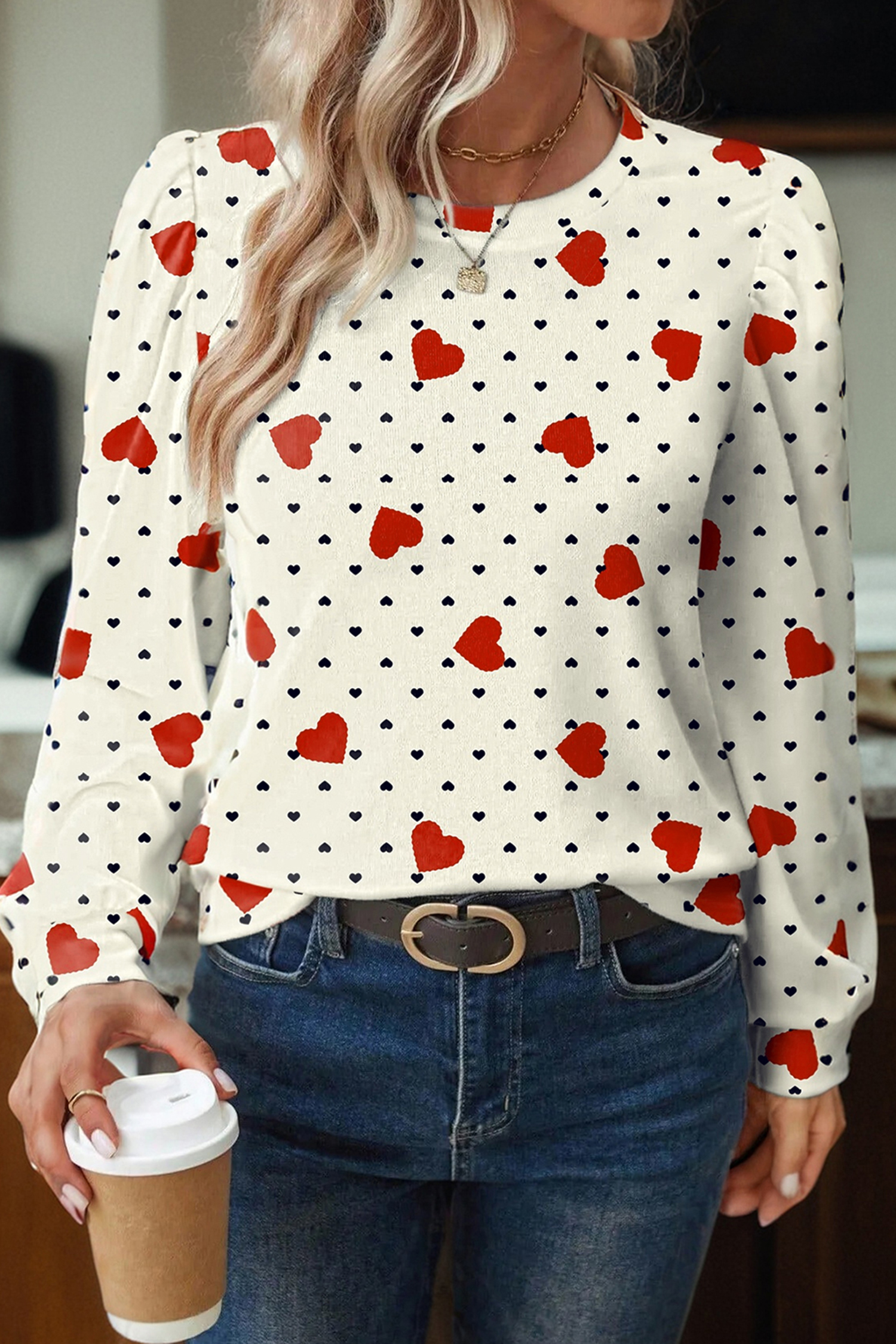 Red Dotted Heart Festive Valentine Blouse - Imagen 4