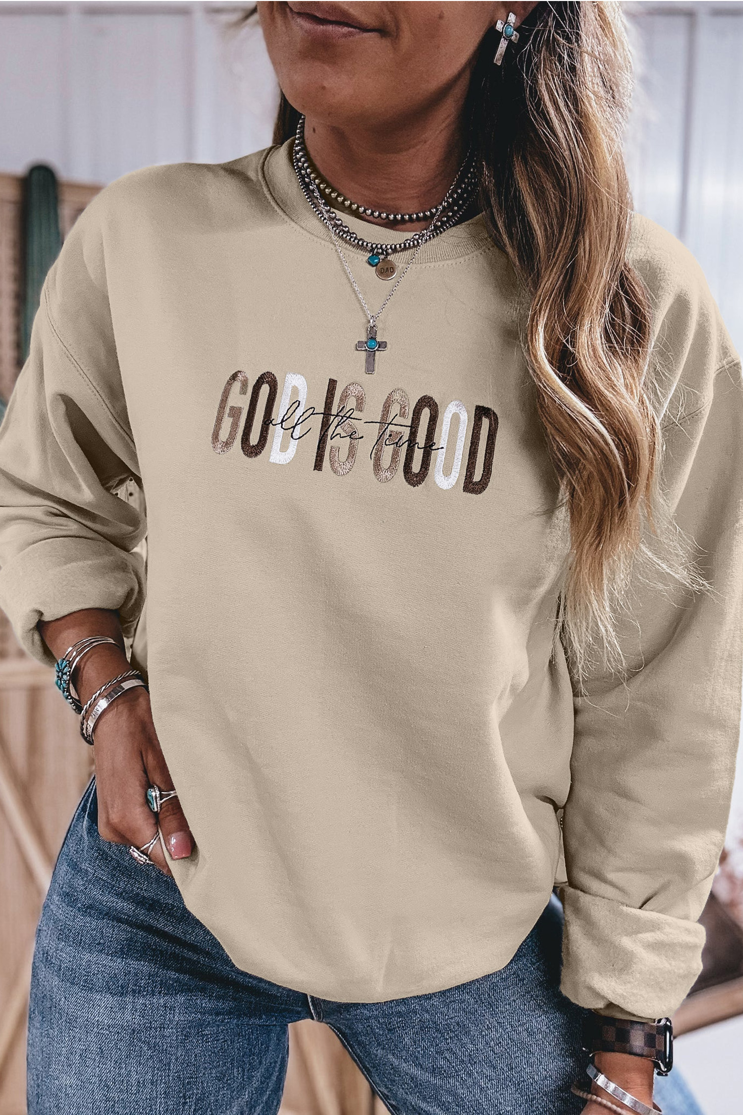 Jet Stream GOD IS GOOD Western Embroidered Letter Crewneck Pullover Sweatshirt - Image 3