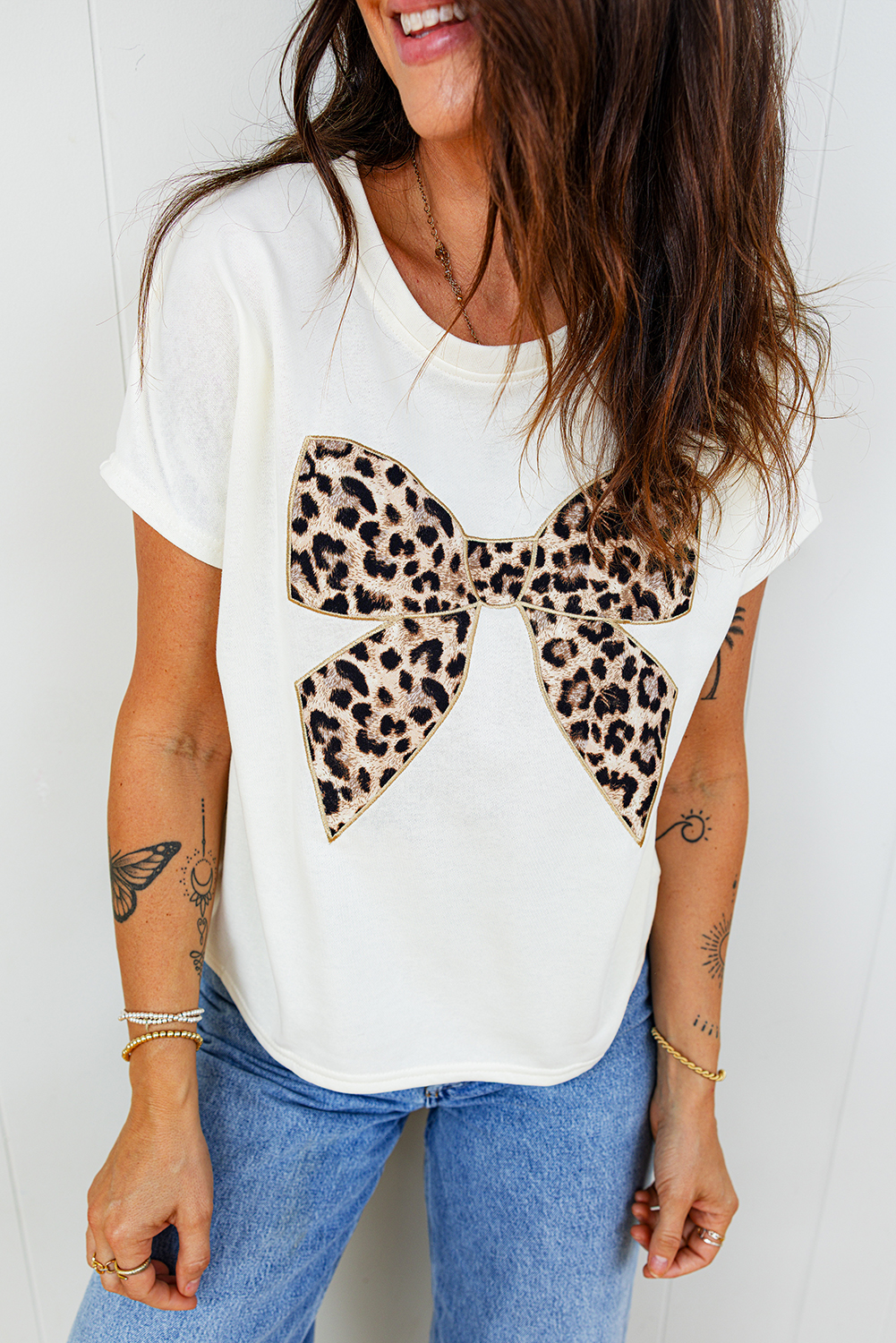 Black Leopard Bow Embroidered Cotton Round Neck T Shirt - Image 6