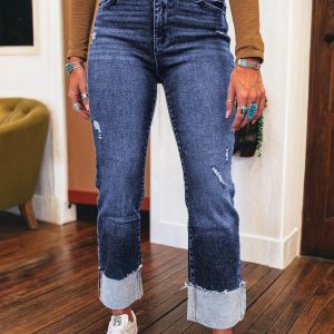 Real Teal Folded Cuffs Distressed Straight High Waist Jeans