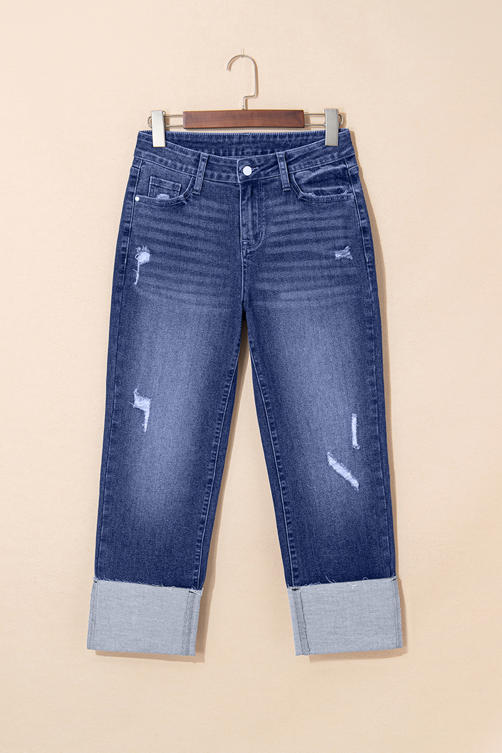 Real Teal Folded Cuffs Distressed Straight High Waist Jeans - Image 3