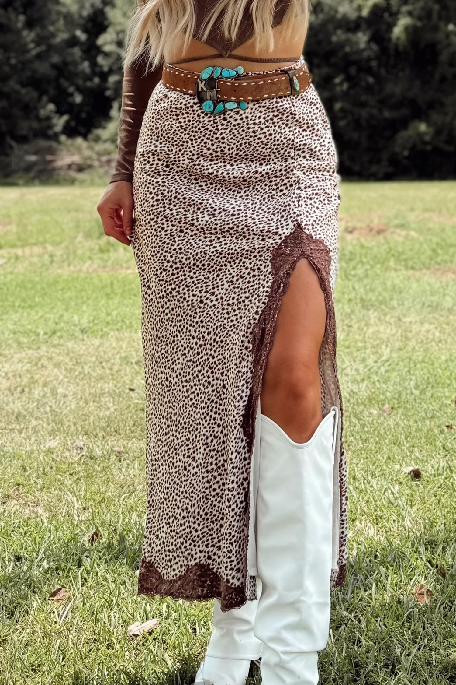 Brown Cheetah Print Trim Split Long Western Skirt - Image 2
