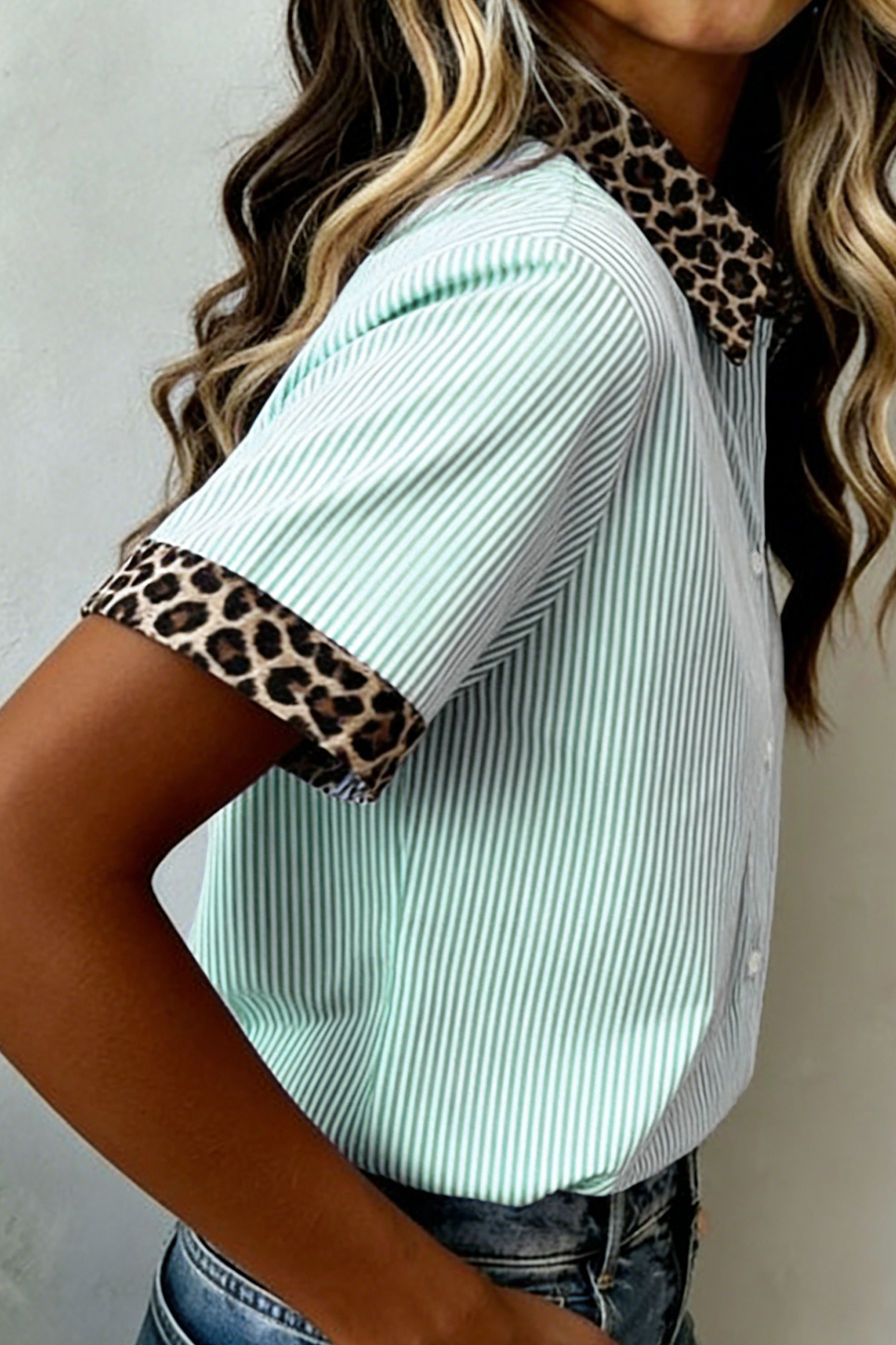 Sky Blue Stripe Leopard Contrast Collar Short Sleeve Shirt - Imagen 5