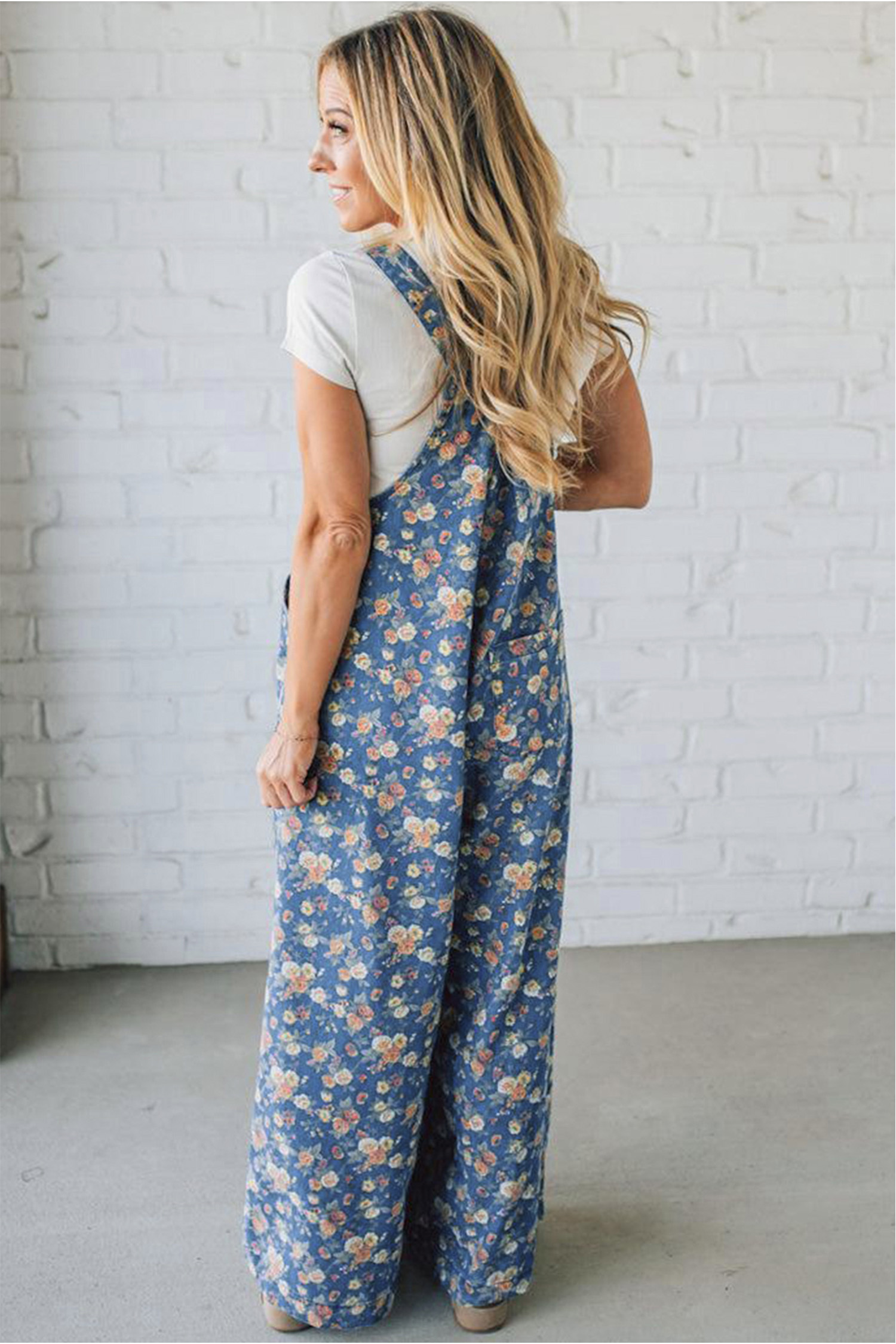Blue Vintage Rose Printed Pleated Loose Denim Overall Jumpsuit - Image 2