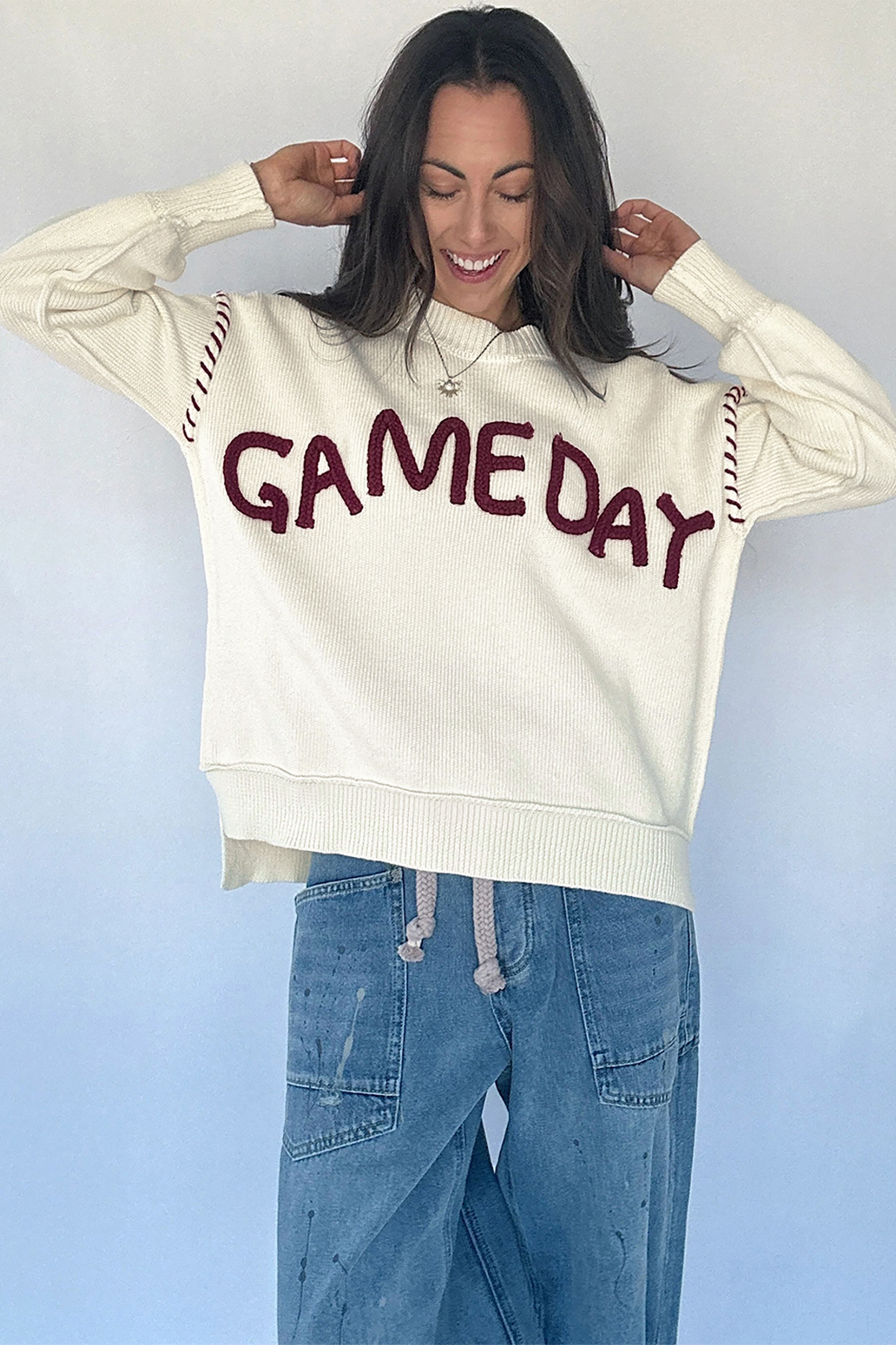 Beige Drop Shoulder Game Day Letter Print Pullover Sweater - Imagen 7