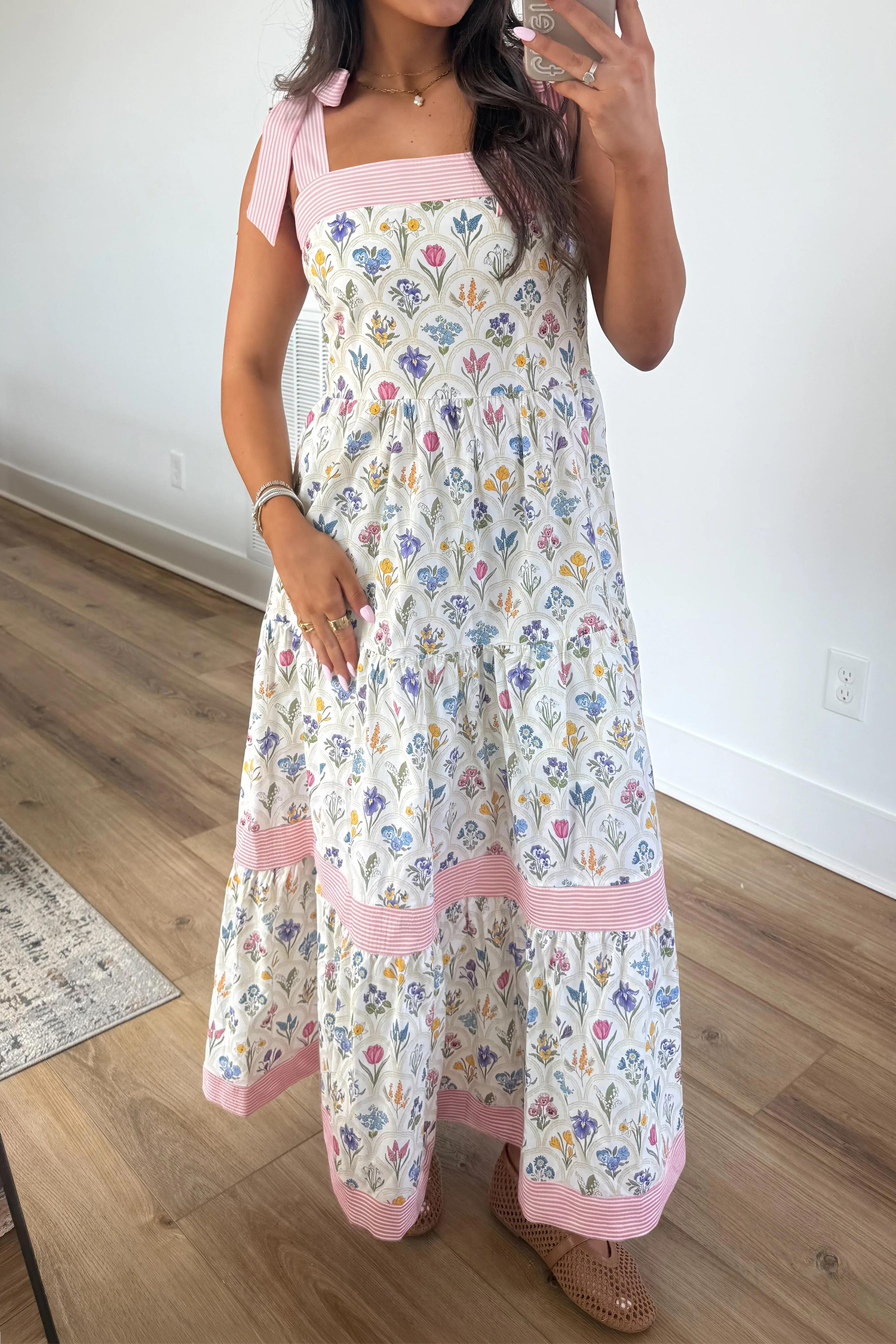 Multicolour Floral Print Striped Detail Knot Straps Maxi Dress - Image 2